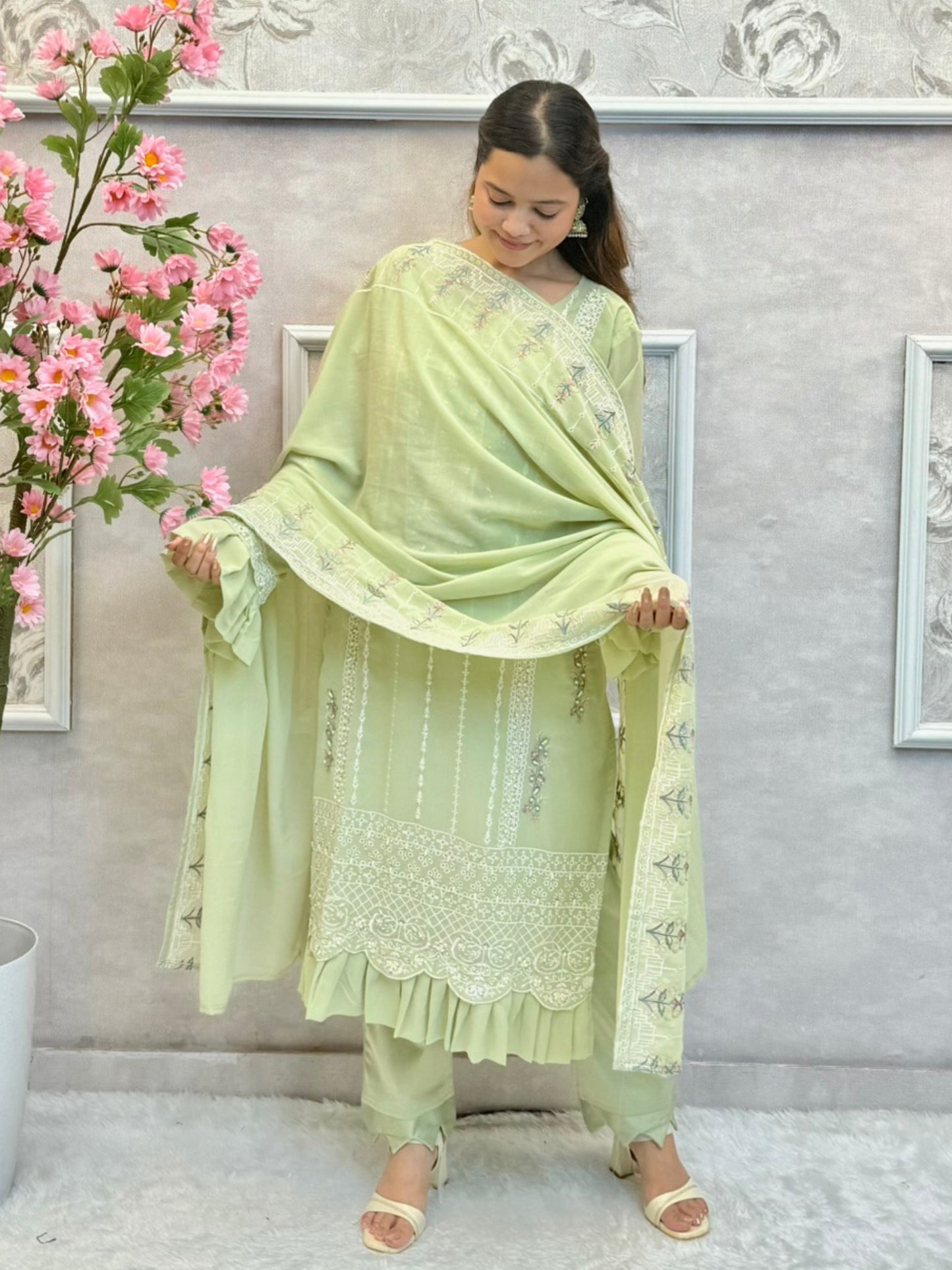 Pista green designer georgette kurta set with hand embroidery and matching dupatta