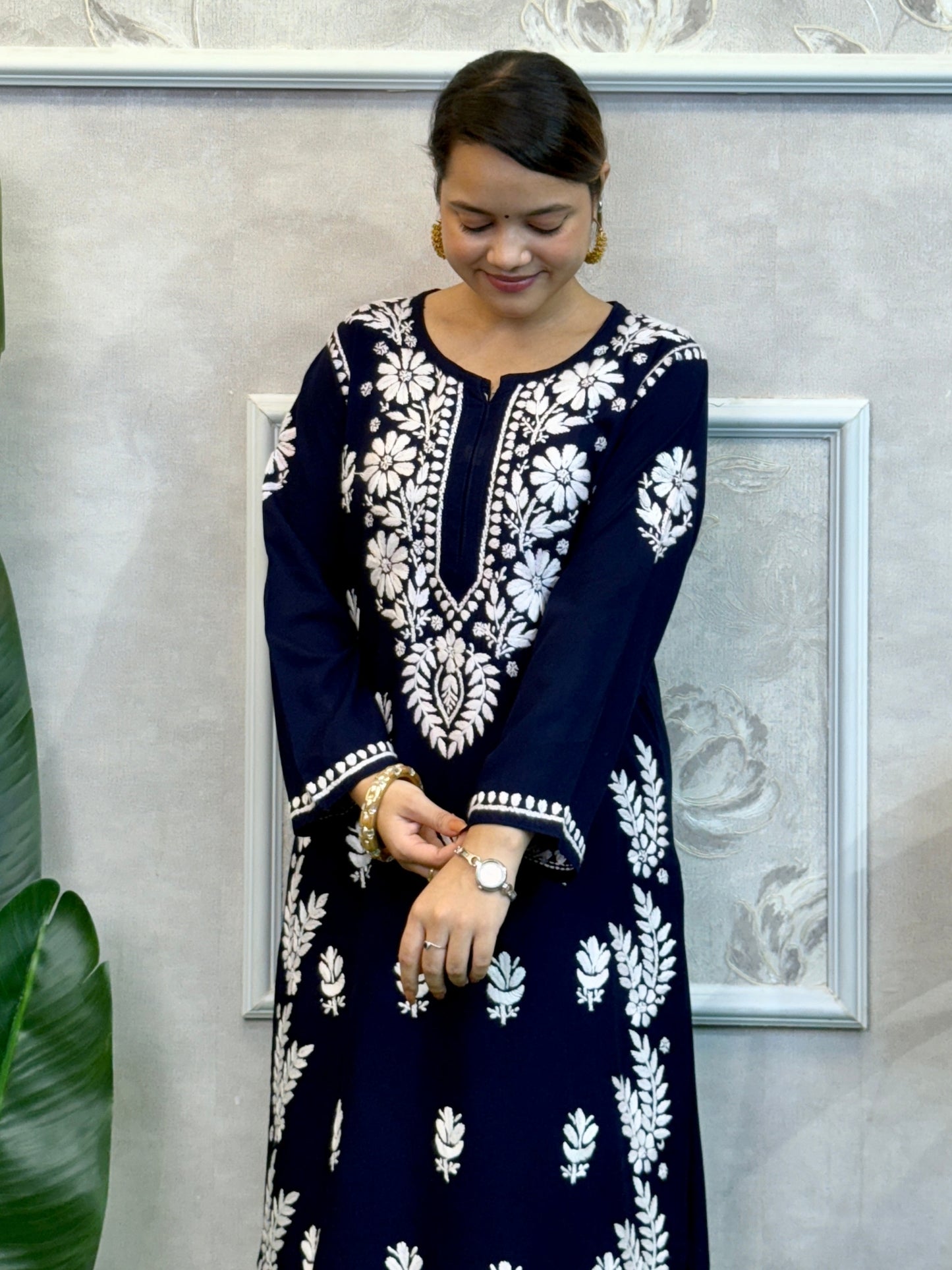Navy blue rayon Lucknowi Chikankari kurta with white hand embroidery paired with matching dhoti pant – premium soft set.