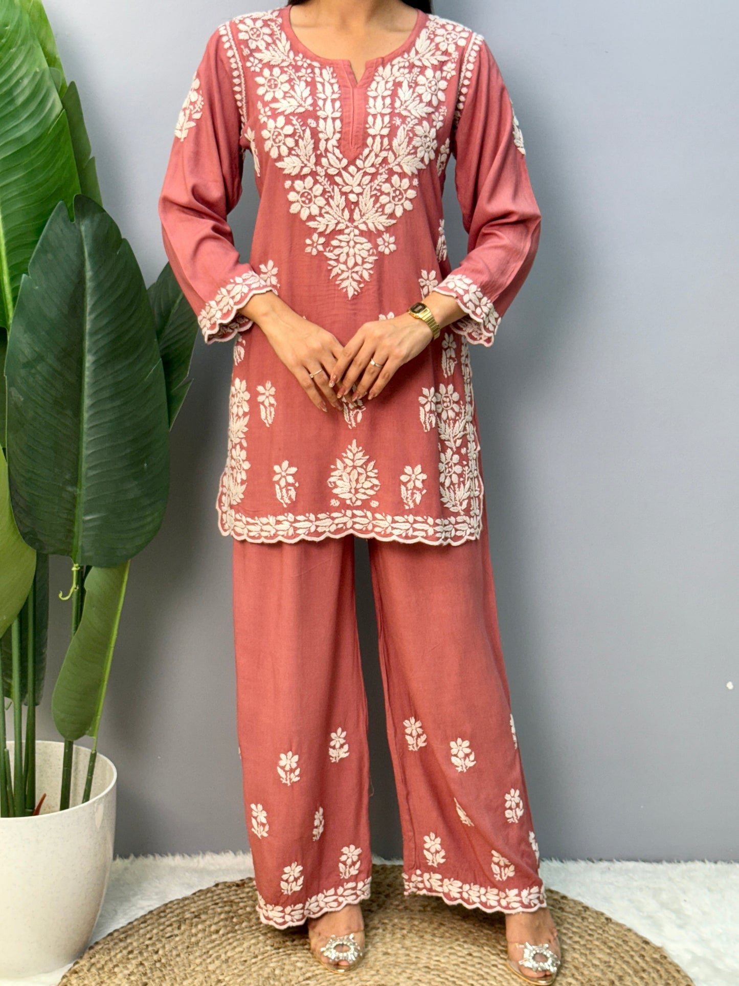 Dusty Rose Lucknow Chikankari rayon short kurta with palazzo pant featuring white hand embroidery.
