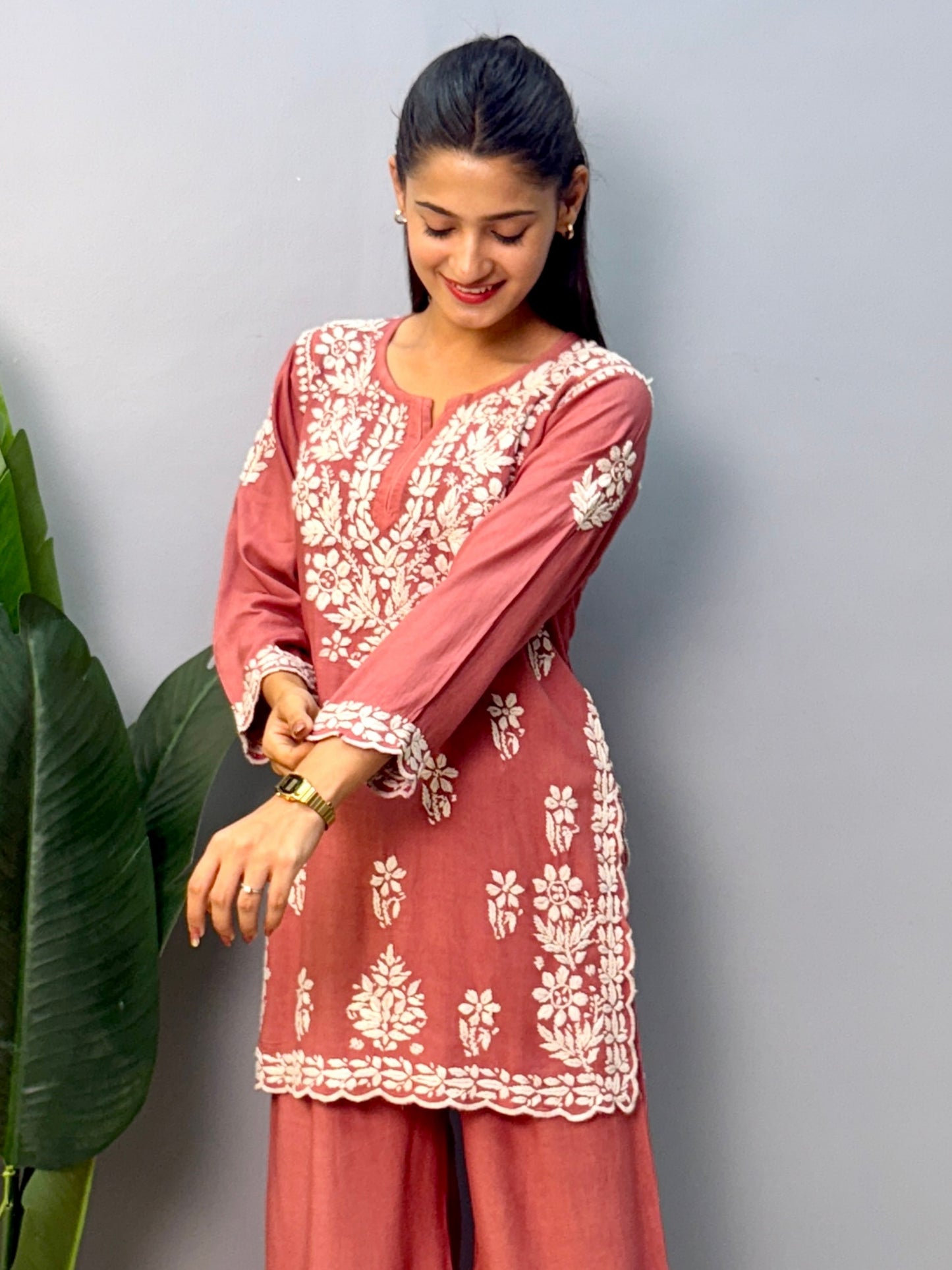 Dusty Rose Lucknow Chikankari rayon short kurta with palazzo pant featuring white hand embroidery.