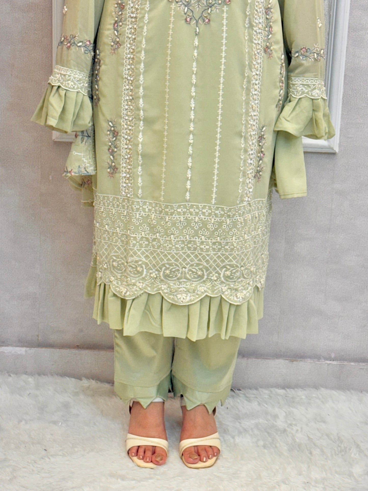 Pista green designer georgette kurta set with hand embroidery and matching dupatta