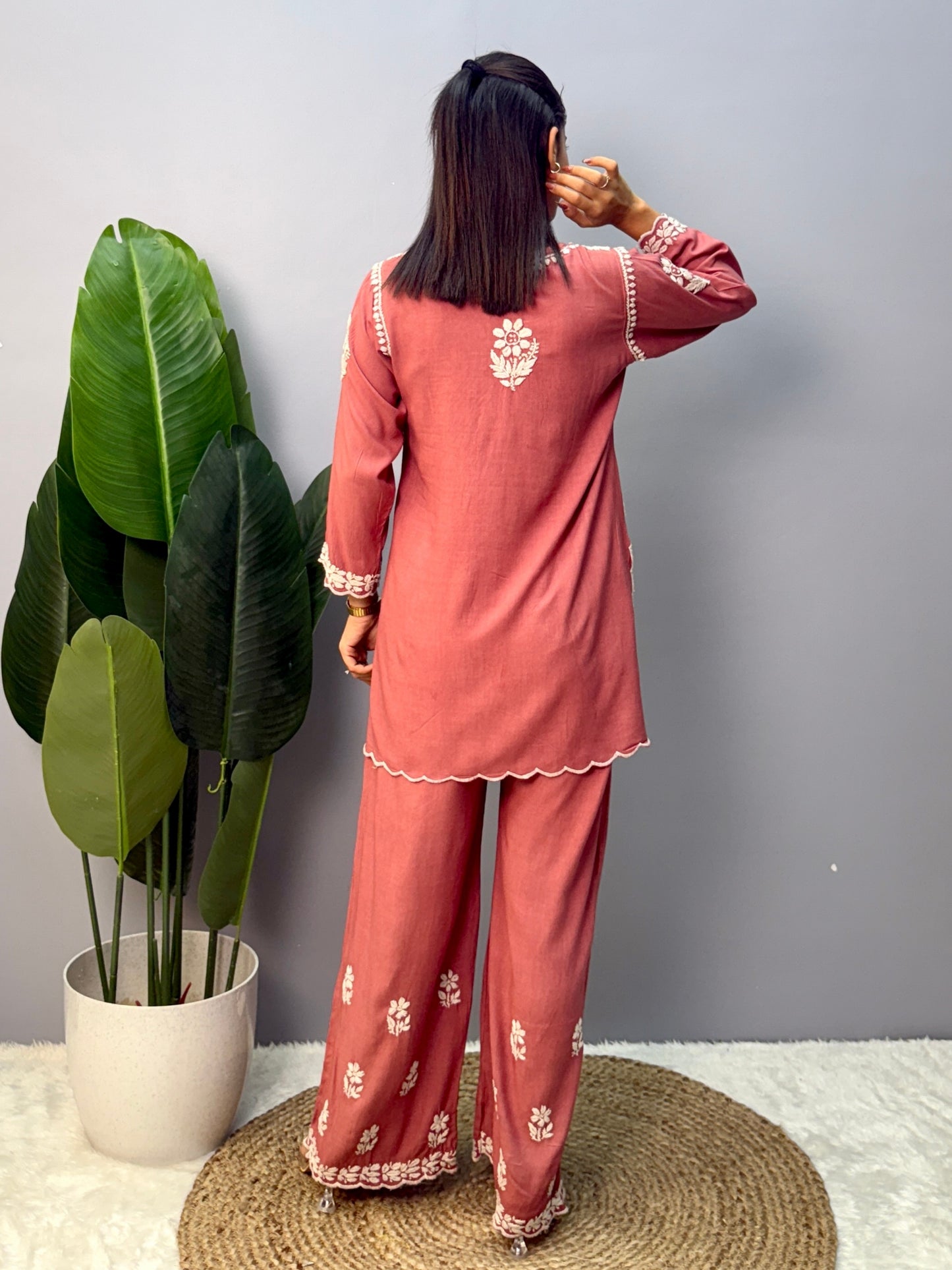 Dusty Rose Lucknow Chikankari rayon short kurta with palazzo pant featuring white hand embroidery.
