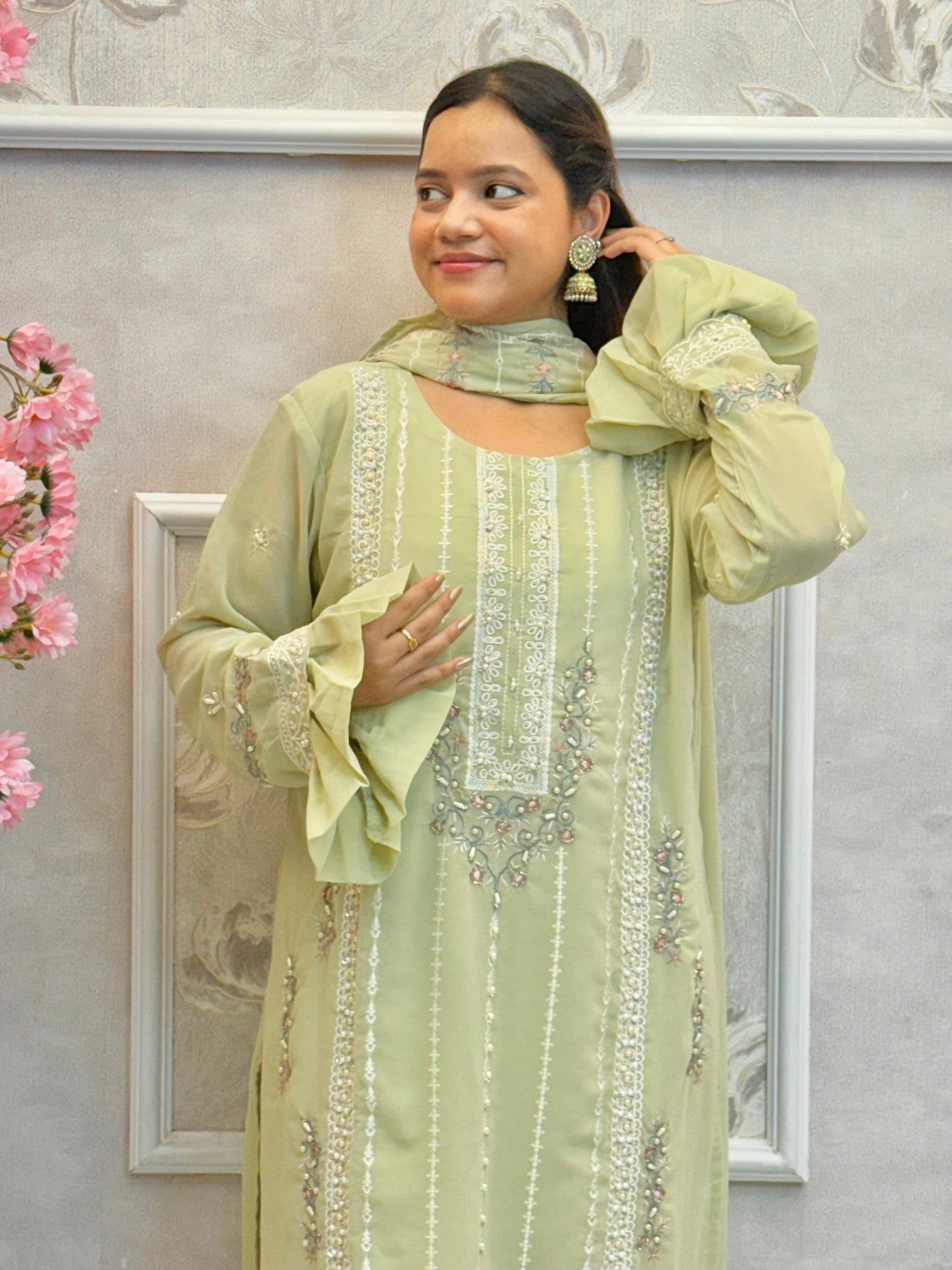 Pista green designer georgette kurta set with hand embroidery and matching dupatta