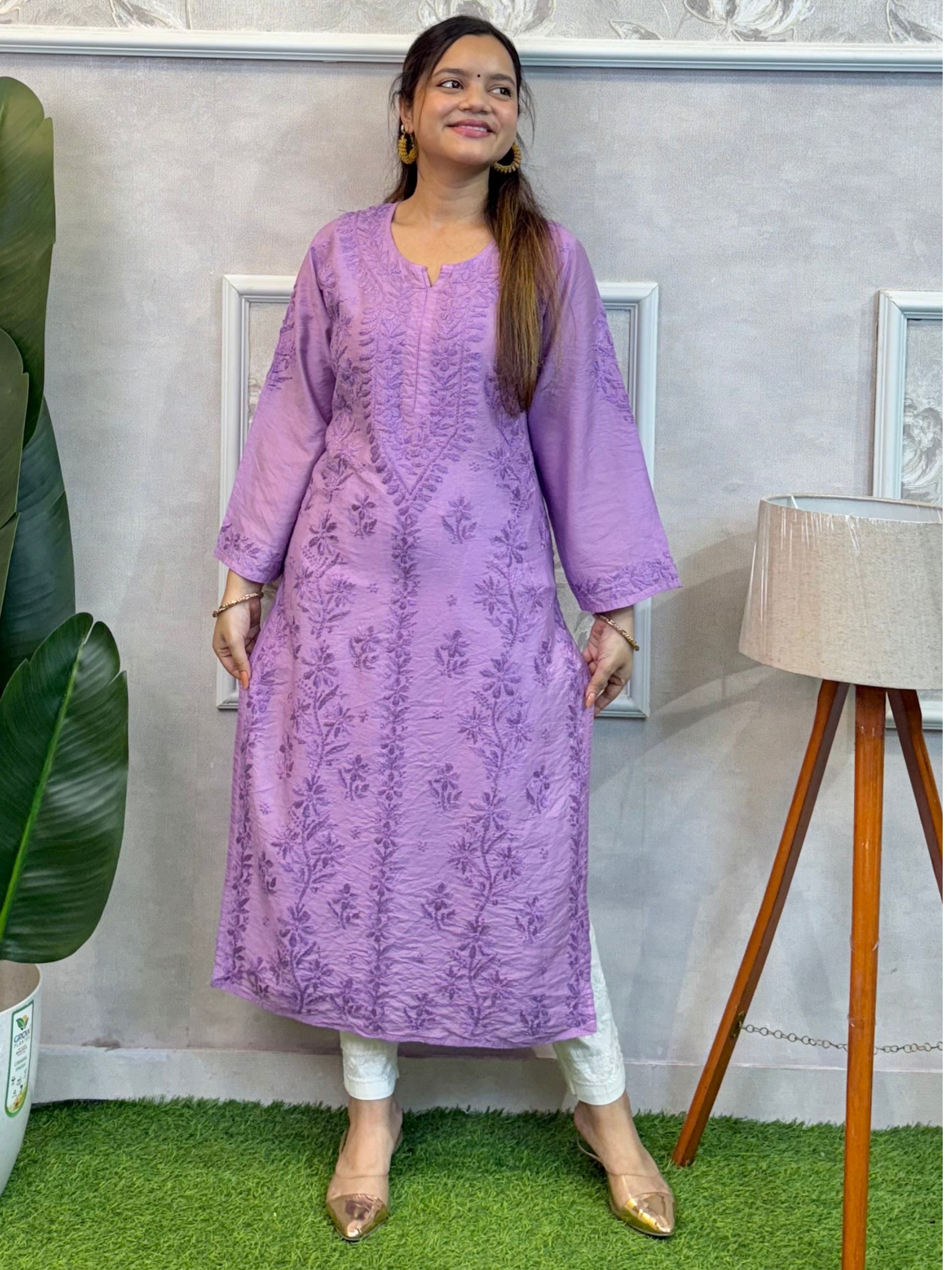 Lavender Chanderi Lucknow Chikankari Kurta with hand embroidery