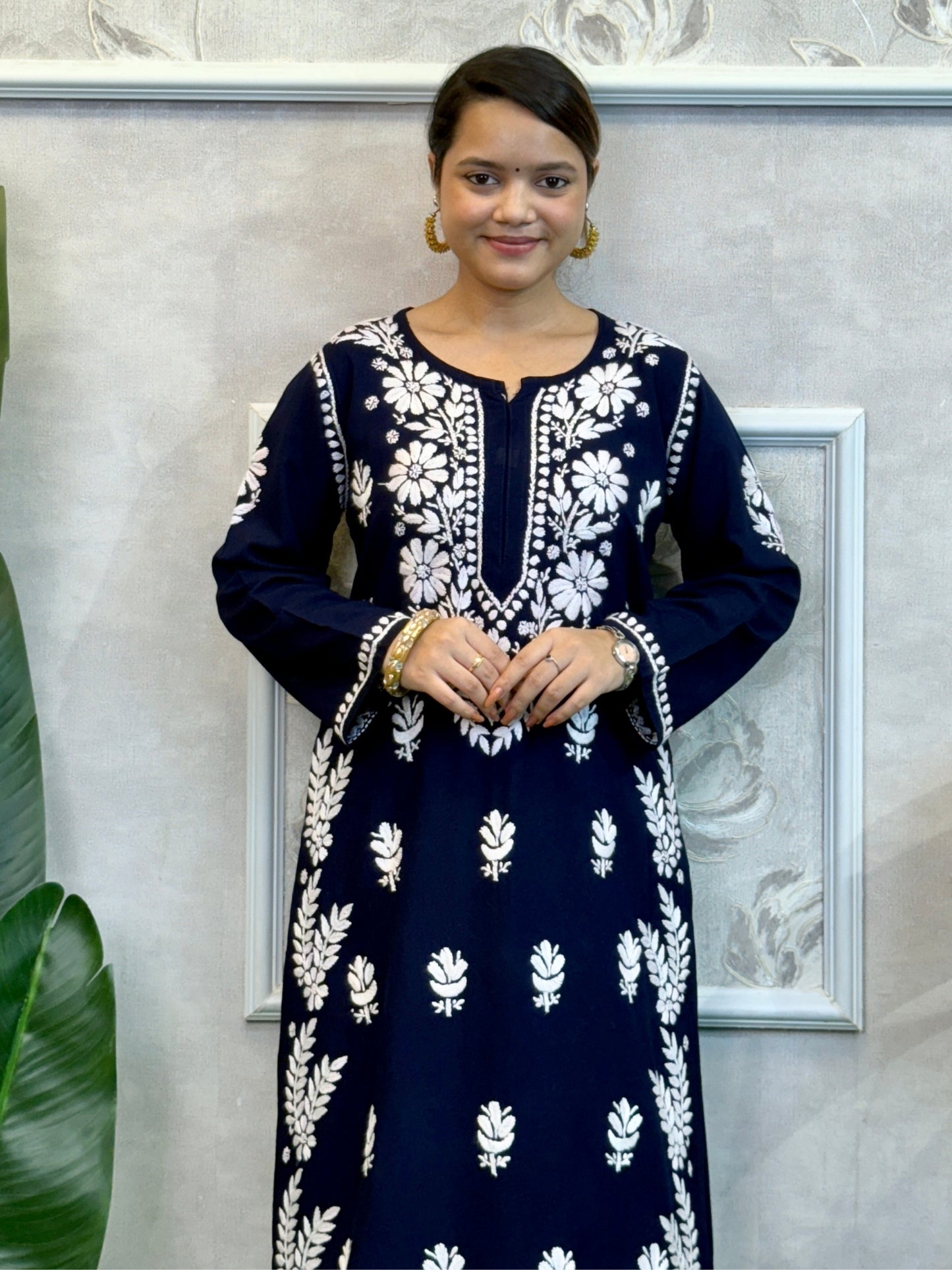 Navy blue rayon Lucknowi Chikankari kurta with white hand embroidery paired with matching dhoti pant – premium soft set.