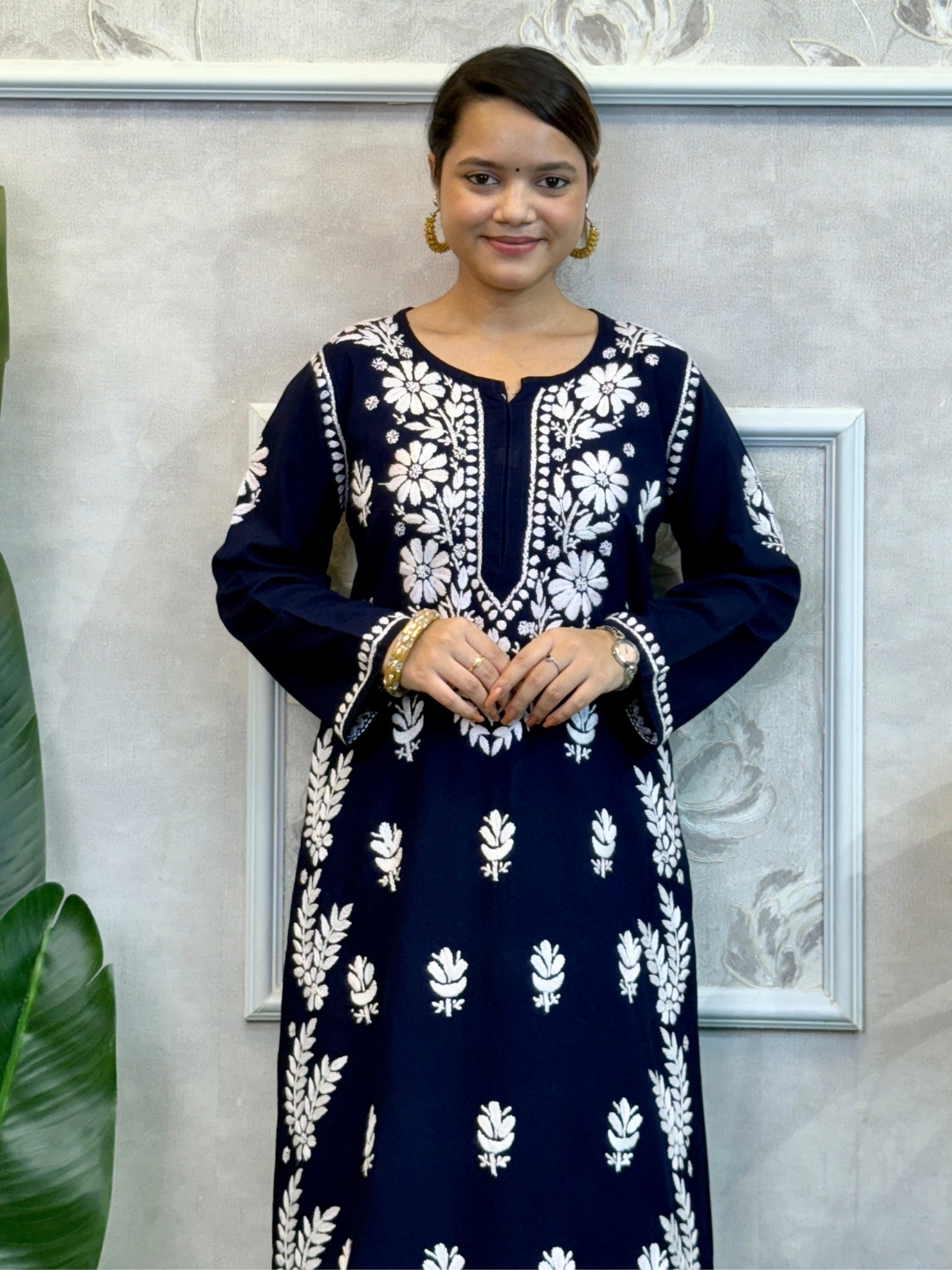 Navy blue rayon Lucknowi Chikankari kurta with white hand embroidery paired with matching dhoti pant – premium soft set.