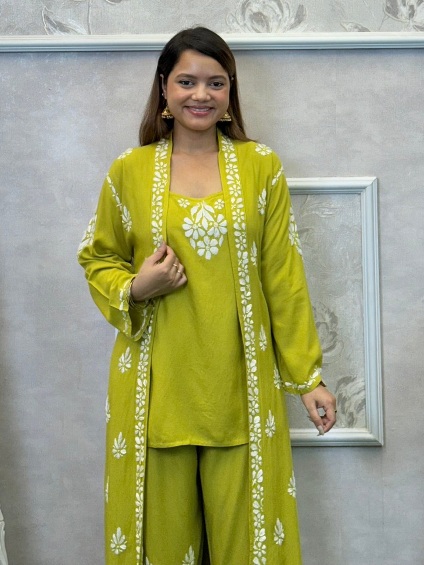 Lime green Lucknowi Chikankari 3-piece rayon set with sleeveless kurta, embroidered shrug, and pant