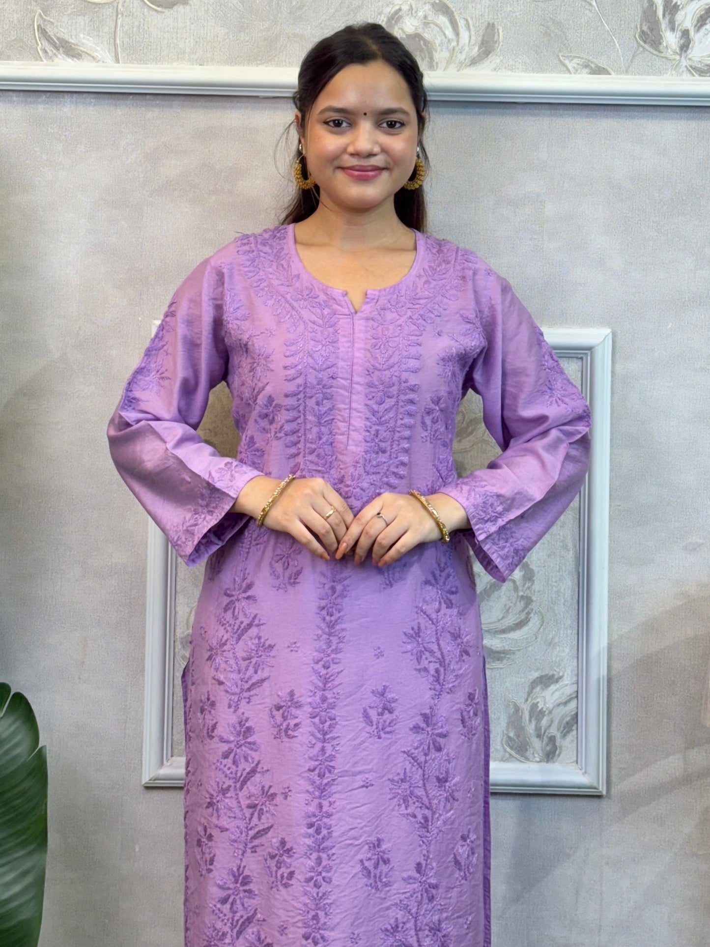 Lavender Chanderi Lucknow Chikankari Kurta with hand embroidery