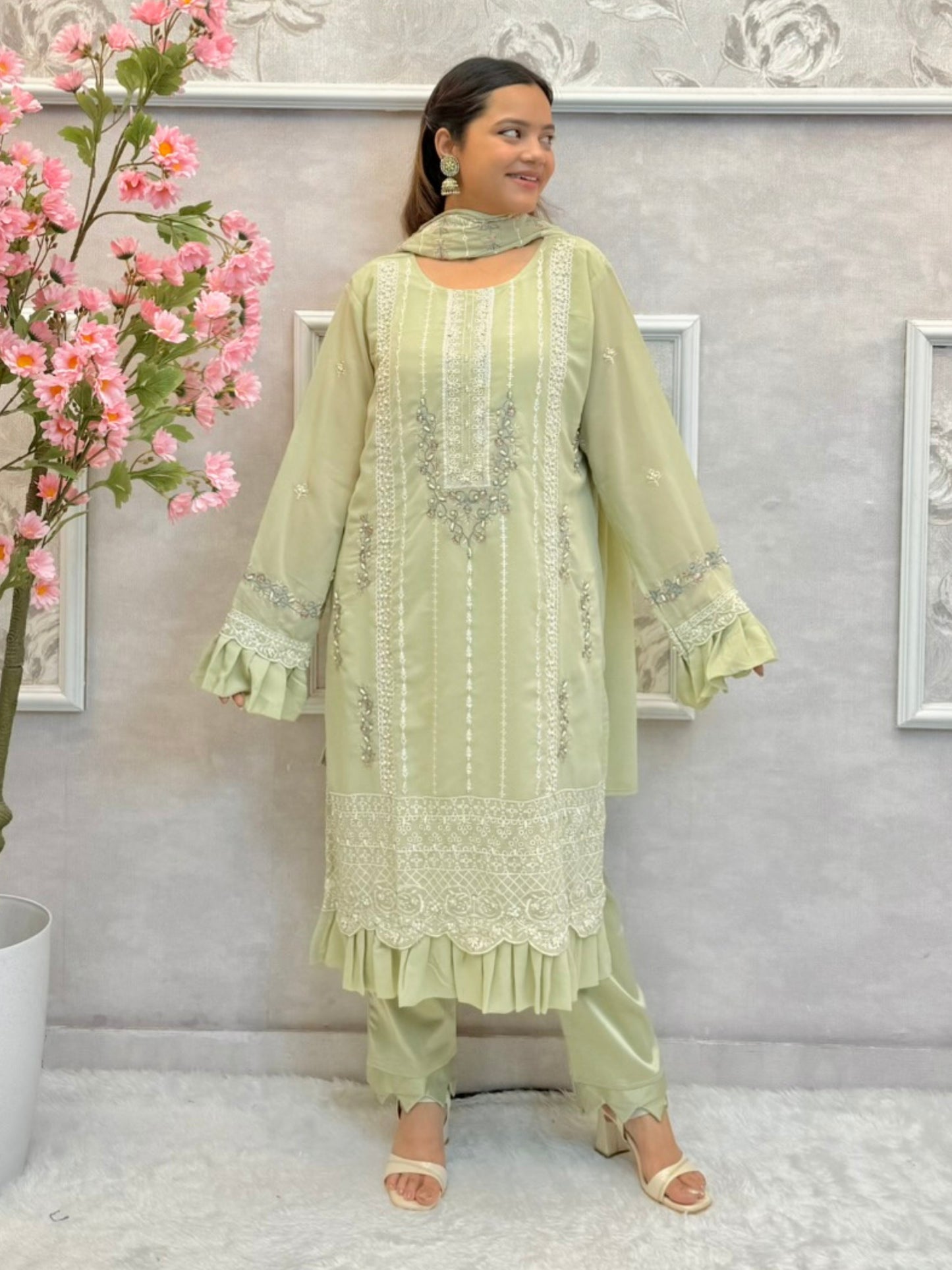 Pista green designer georgette kurta set with hand embroidery and matching dupatta