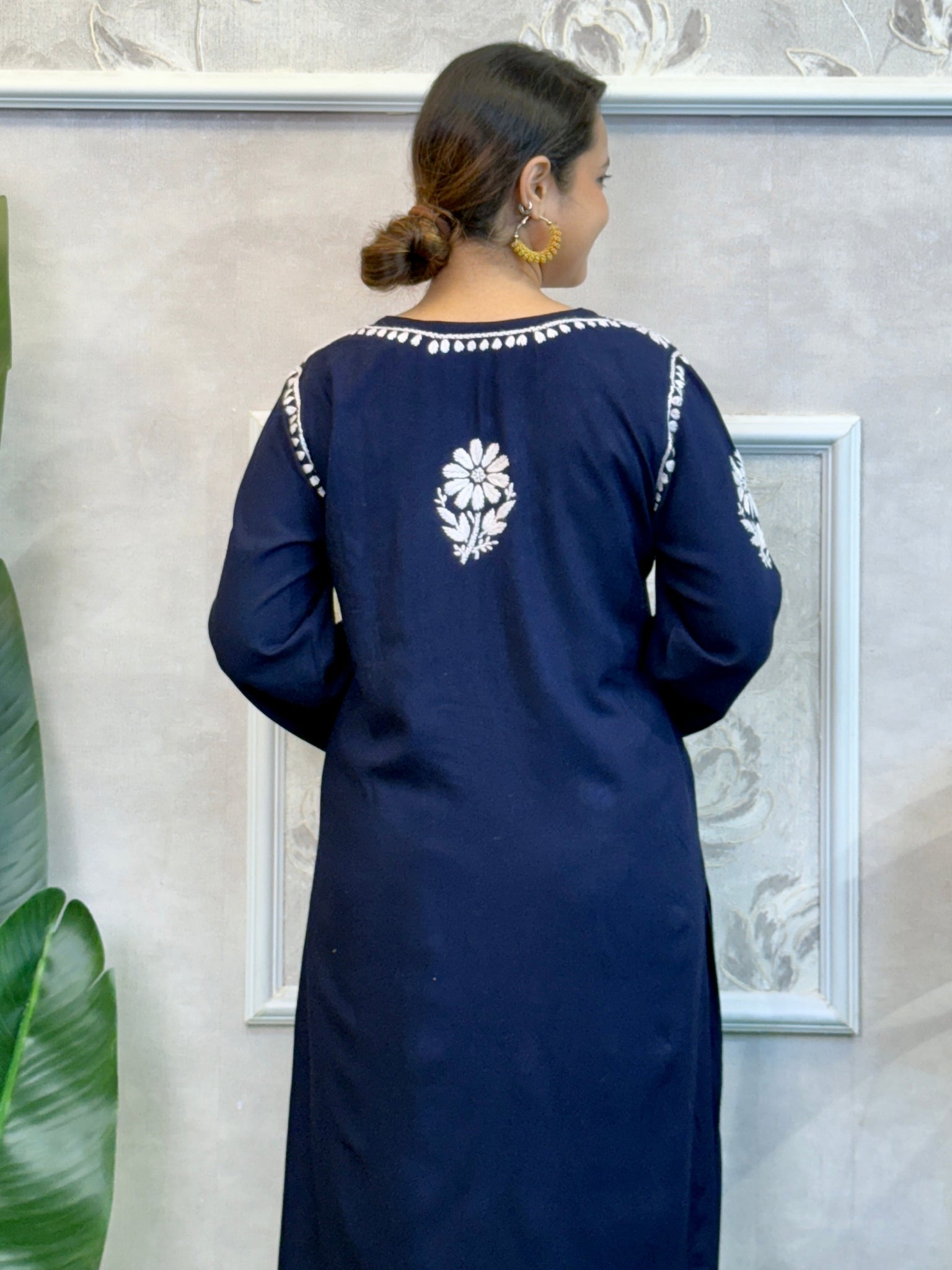 Navy blue rayon Lucknowi Chikankari kurta with white hand embroidery paired with matching dhoti pant – premium soft set.