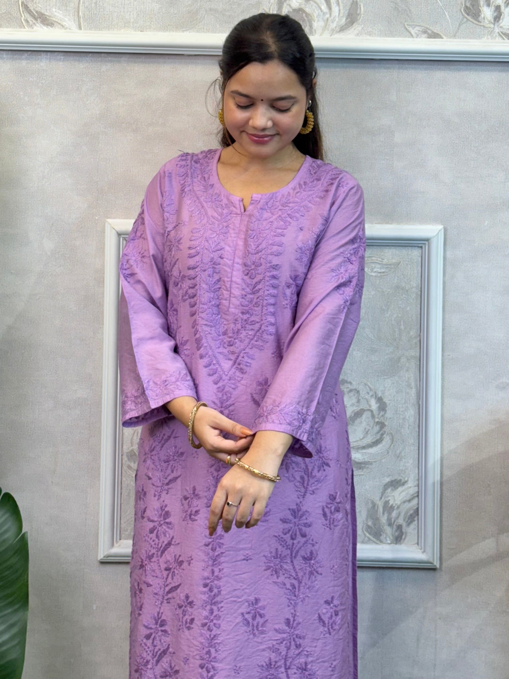 Lavender Chanderi Lucknow Chikankari Kurta with hand embroidery