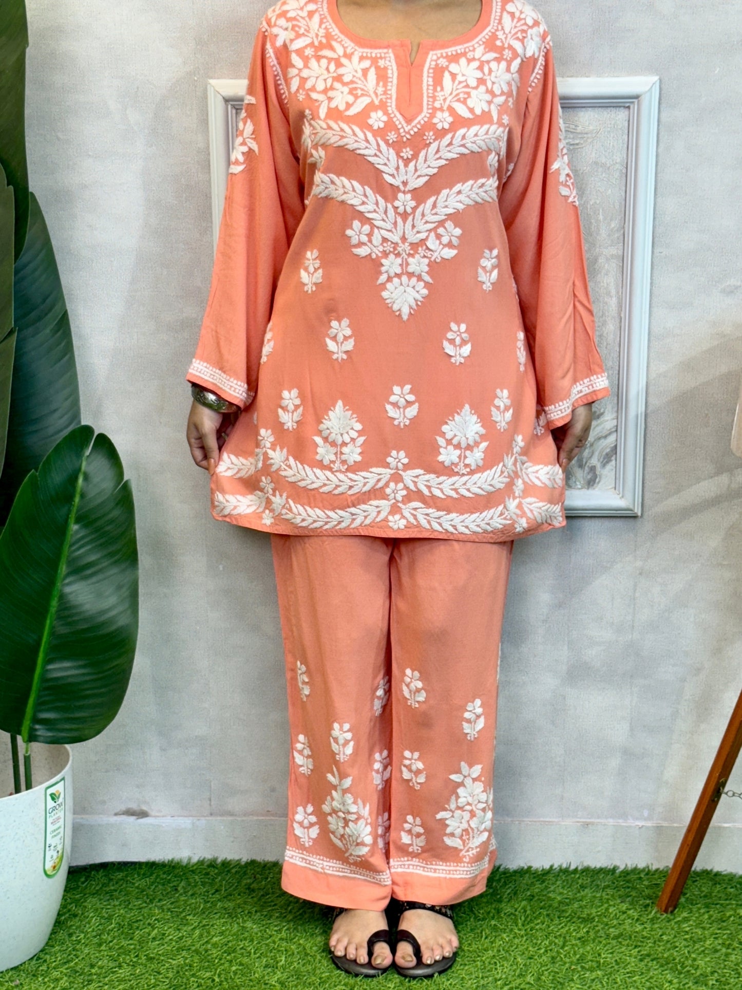Peach rayon Lucknow Chikankari kurta and pant set with hand embroidery