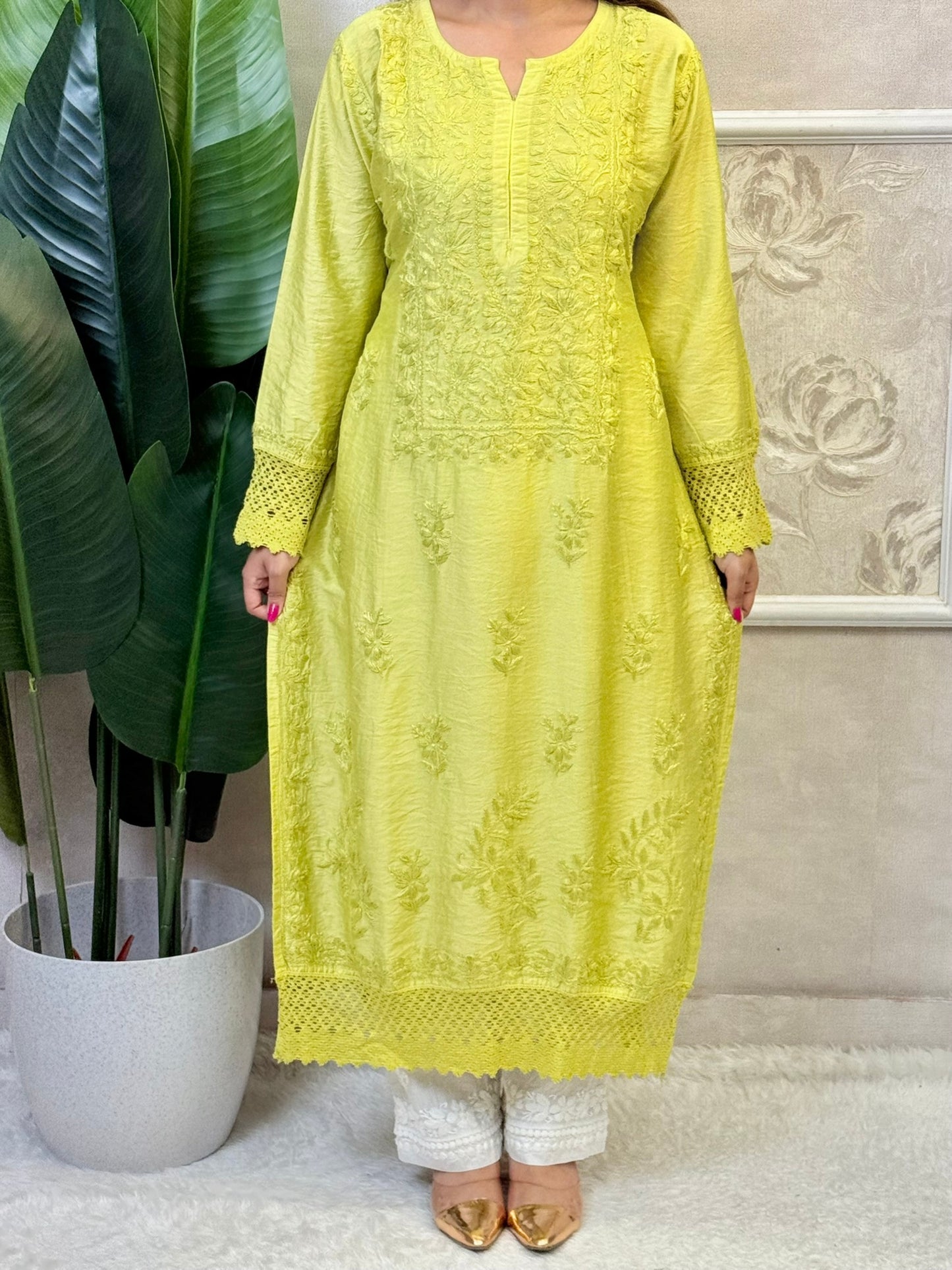 Lime yellow Chanderi kurta with Lucknowi Chikankari and lace work – soft, premium ethnic wear for women