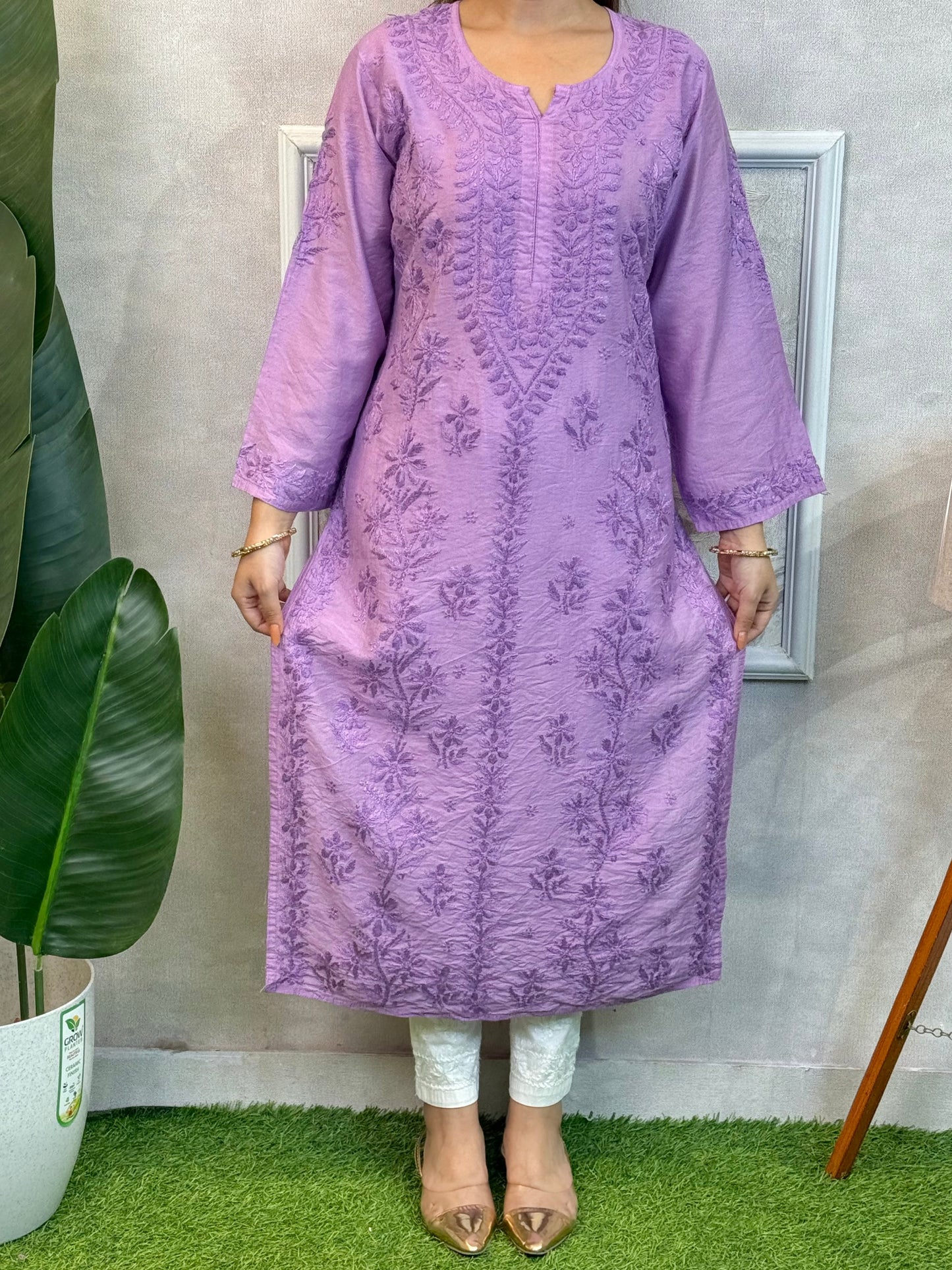 Lavender Chanderi Lucknow Chikankari Kurta with hand embroidery