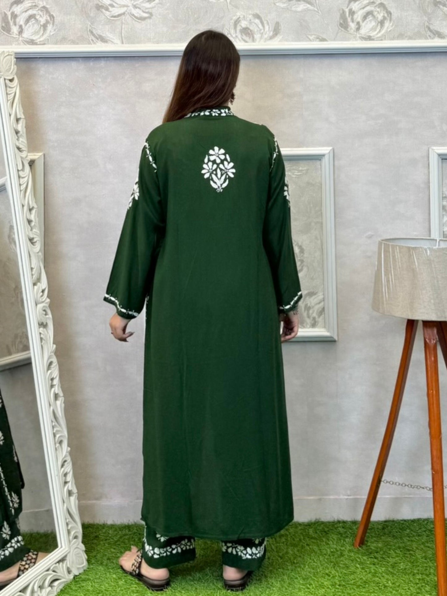 Dark green Lucknowi Chikankari 3-piece rayon set with sleeveless kurta, embroidered shrug, and pants