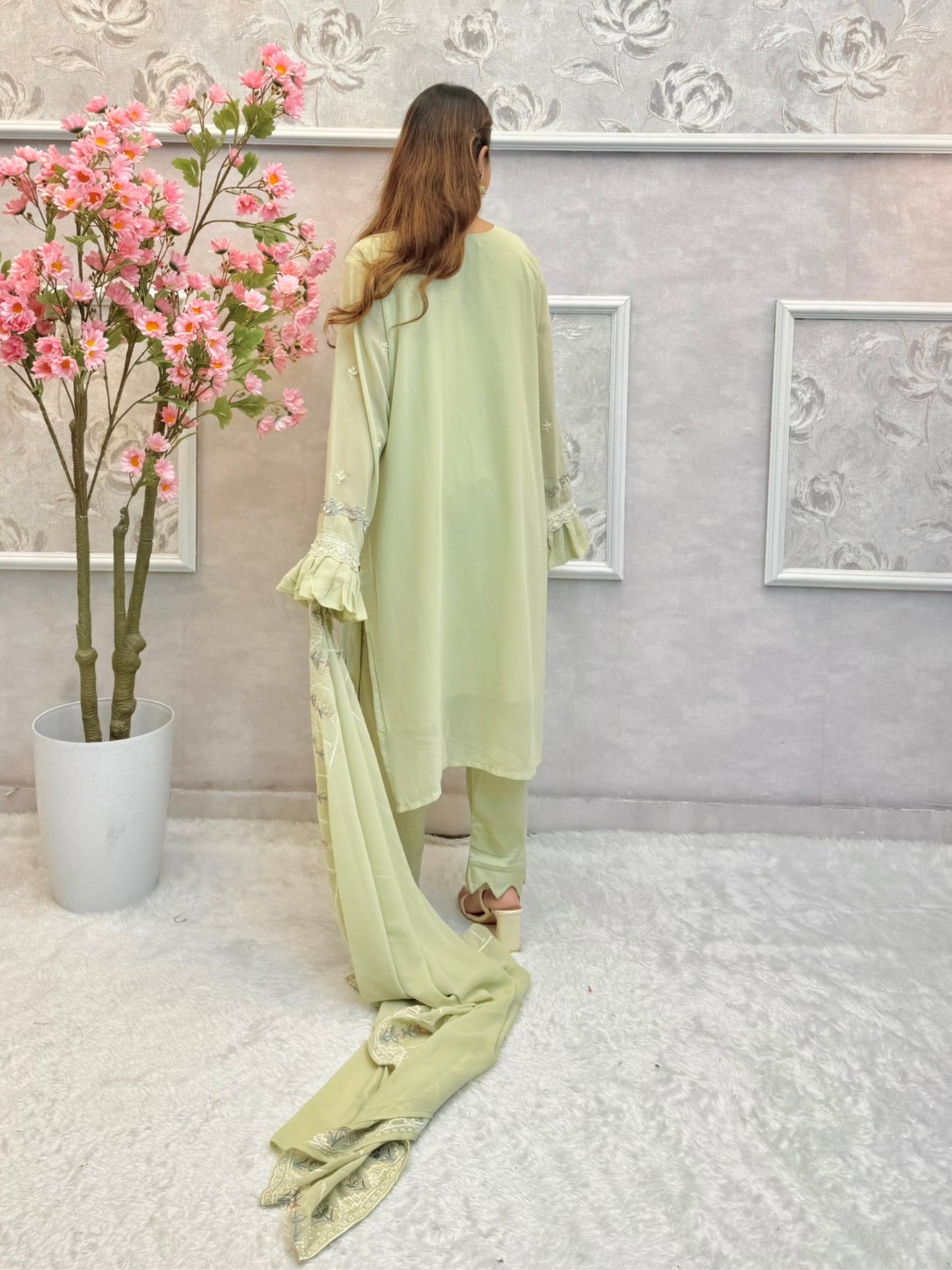 Pista green designer georgette kurta set with hand embroidery and matching dupatta