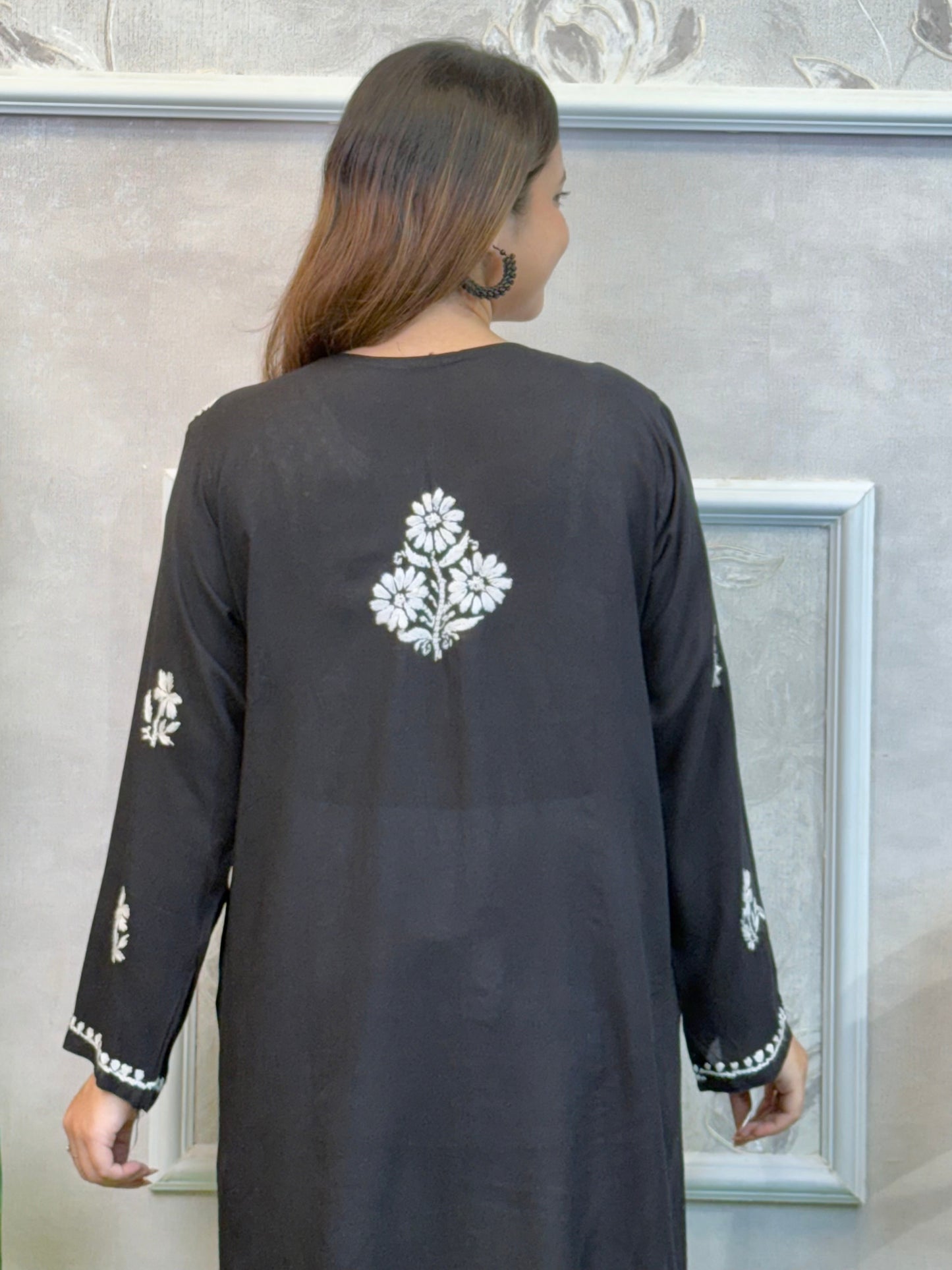 Black short modal Lucknowi Chikankari kurta with white hand embroidery