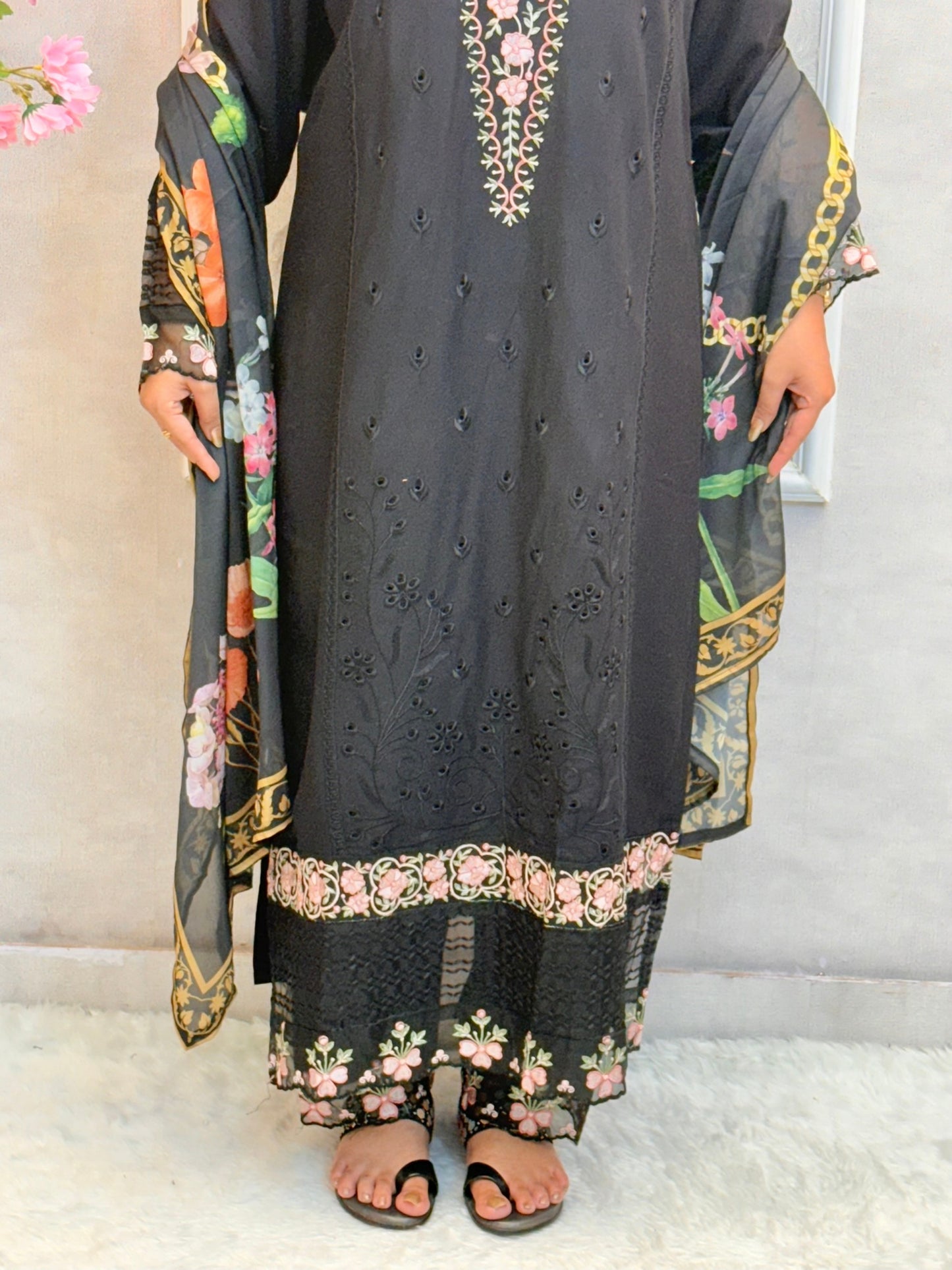 Black rayon embroidered kurta set with floral work and digitally printed dupatta