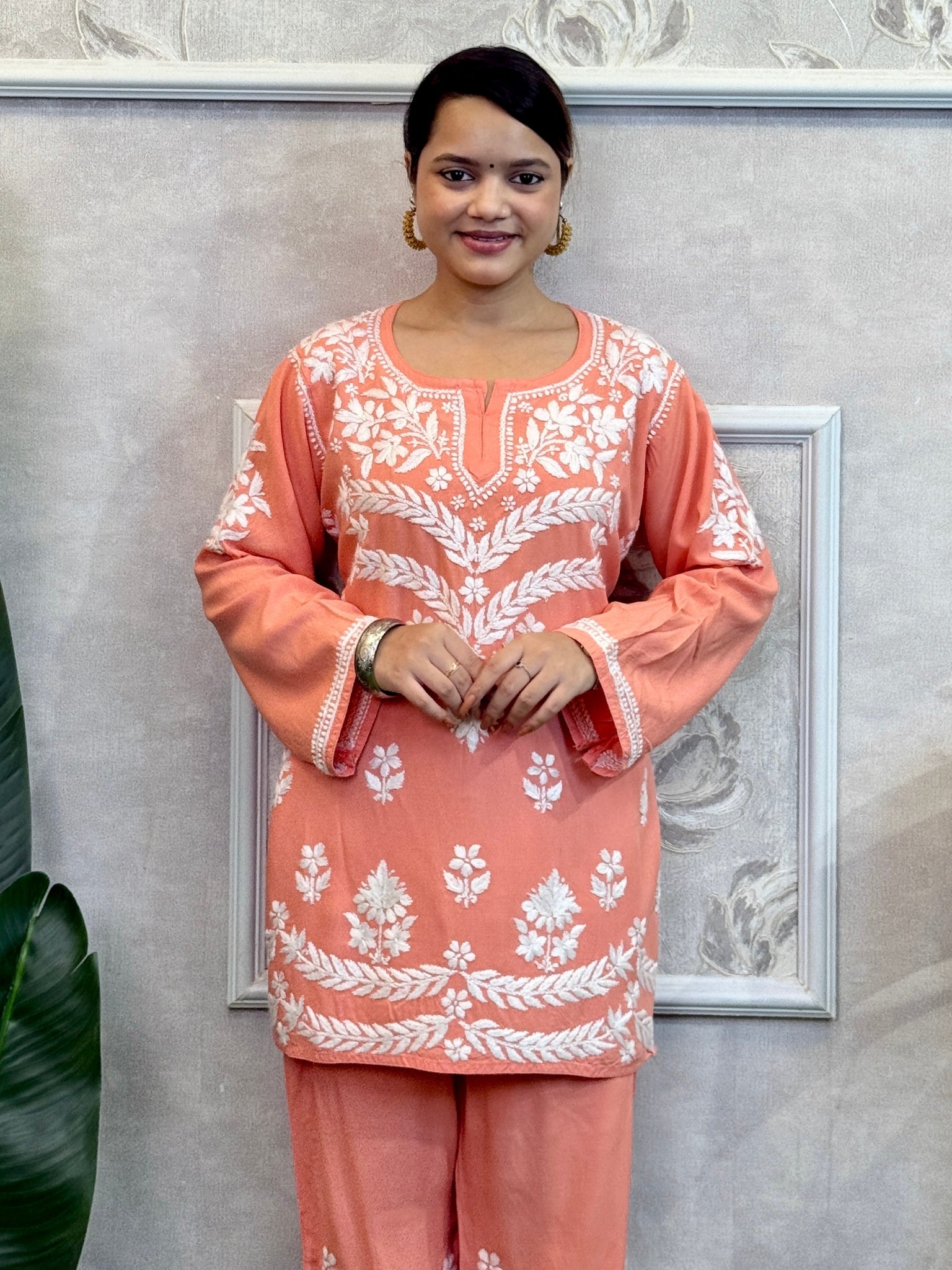 Peach rayon Lucknow Chikankari kurta and pant set with hand embroidery