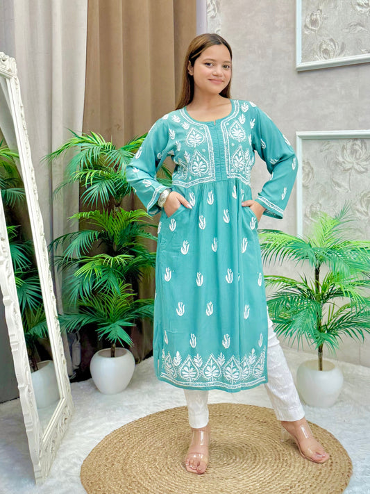 Aqua blue modal knee-length Lucknow Chikankari kurta with both-side pockets and hand embroidery