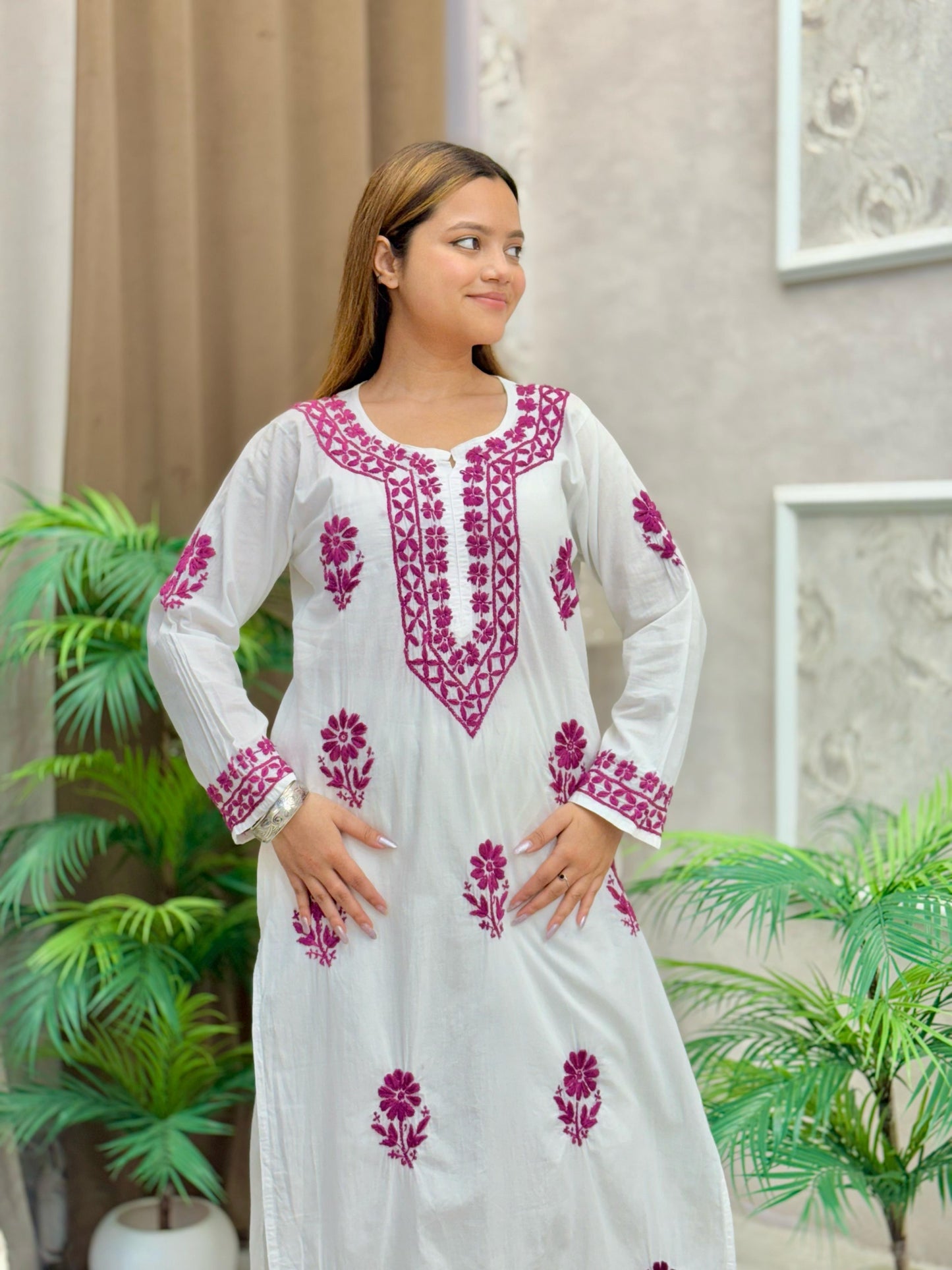White mulmul chikankari kurta with wine-colored contrast thread hand embroidery