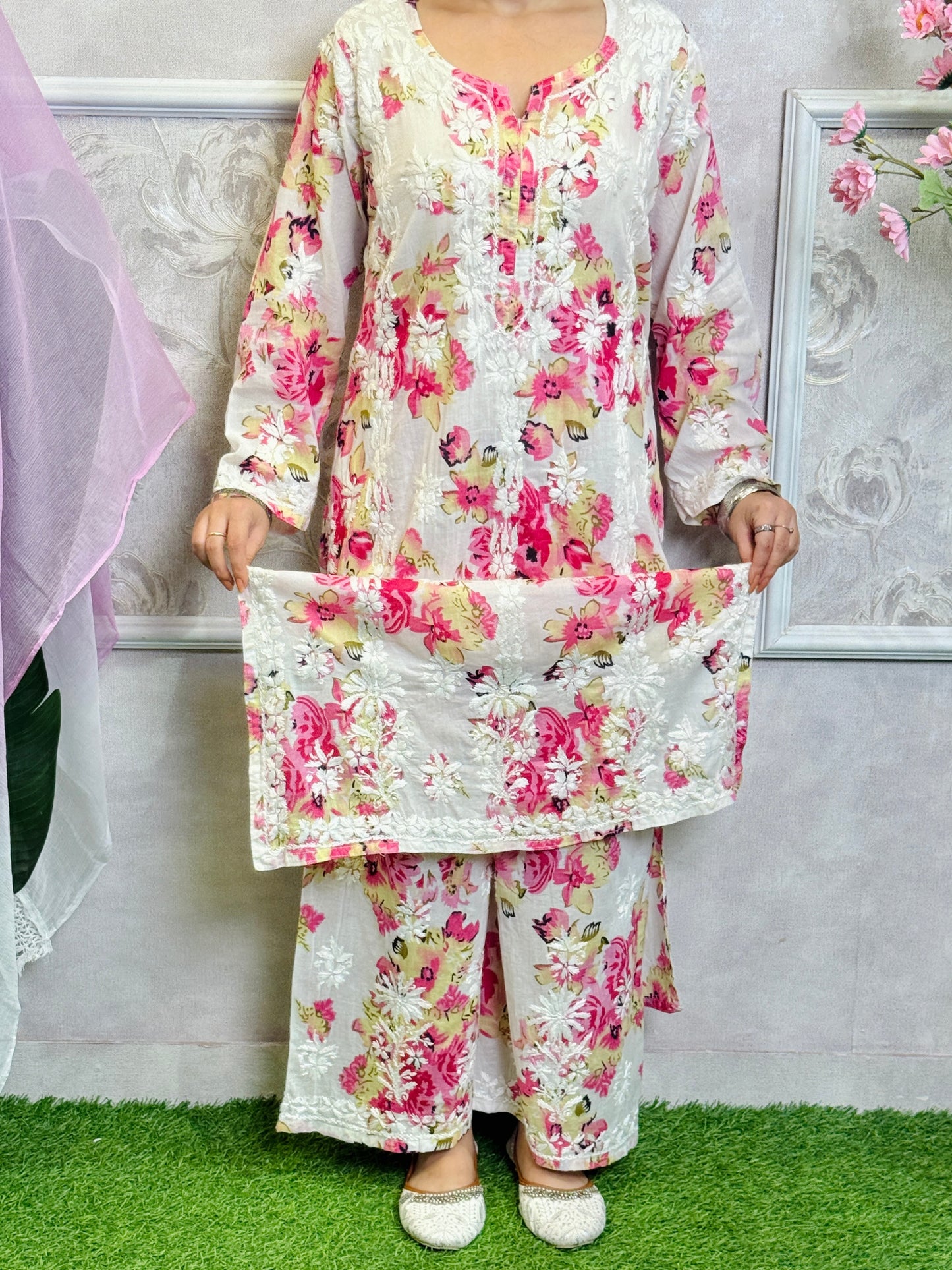 Lucknow Chikankari printed white and pink floral mulmul kurta palazzo set with pastel chiffon dupatta and hand embroidery