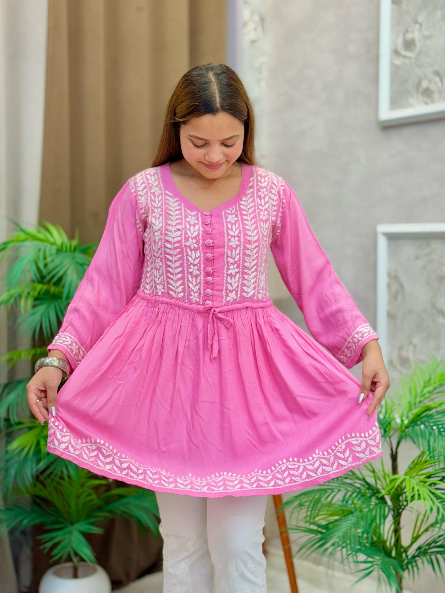 Baby pink rayon short flared Lucknow Chikankari kurta with hand embroidery