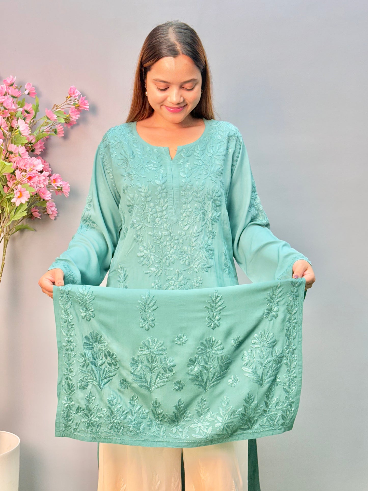 Sea green modal fabric Lucknow Chikankari long straight kurta with handcrafted embroidery