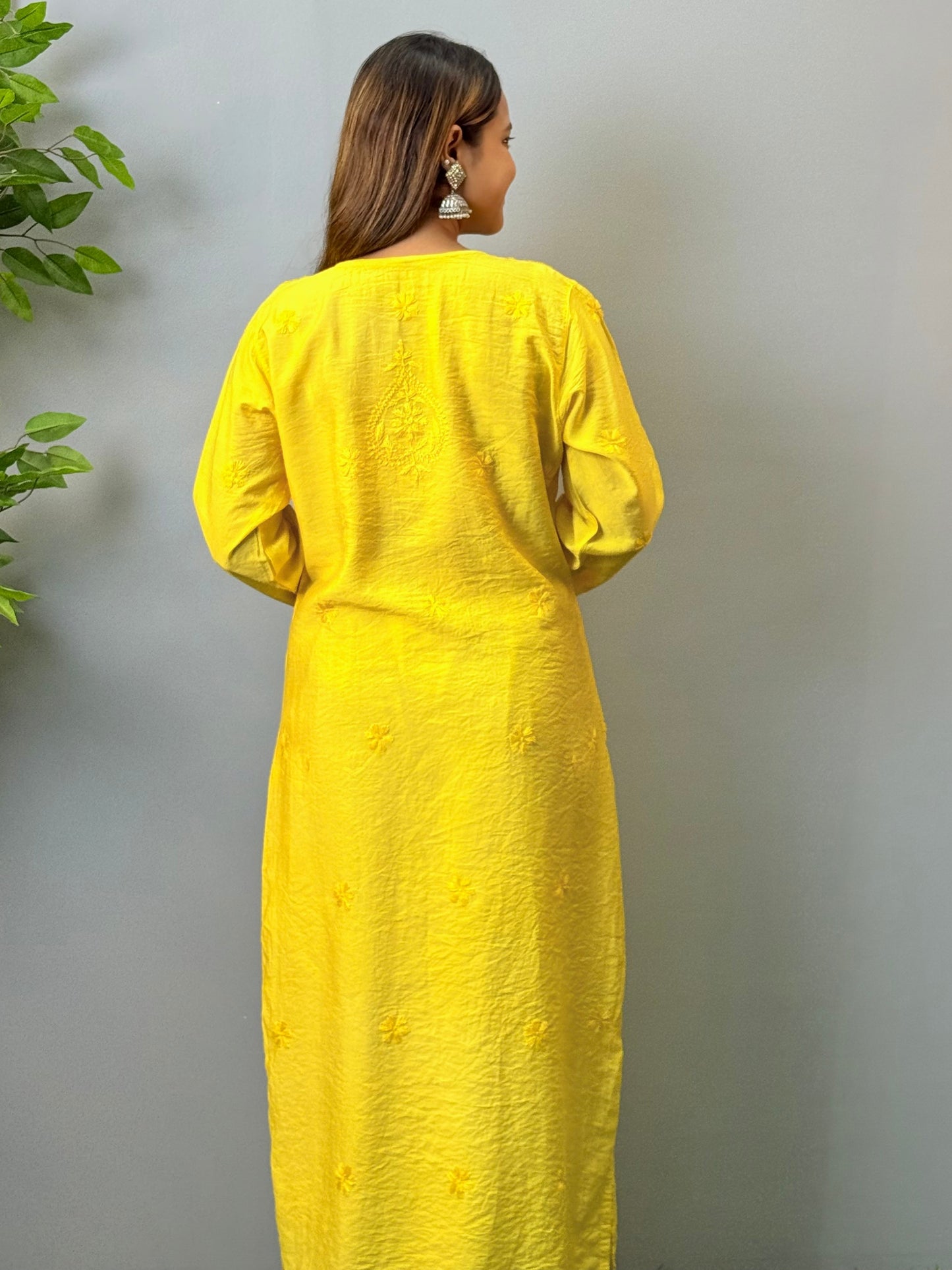 Yellow Chanderi Lucknow Chikankari Kurta with delicate hand embroidery