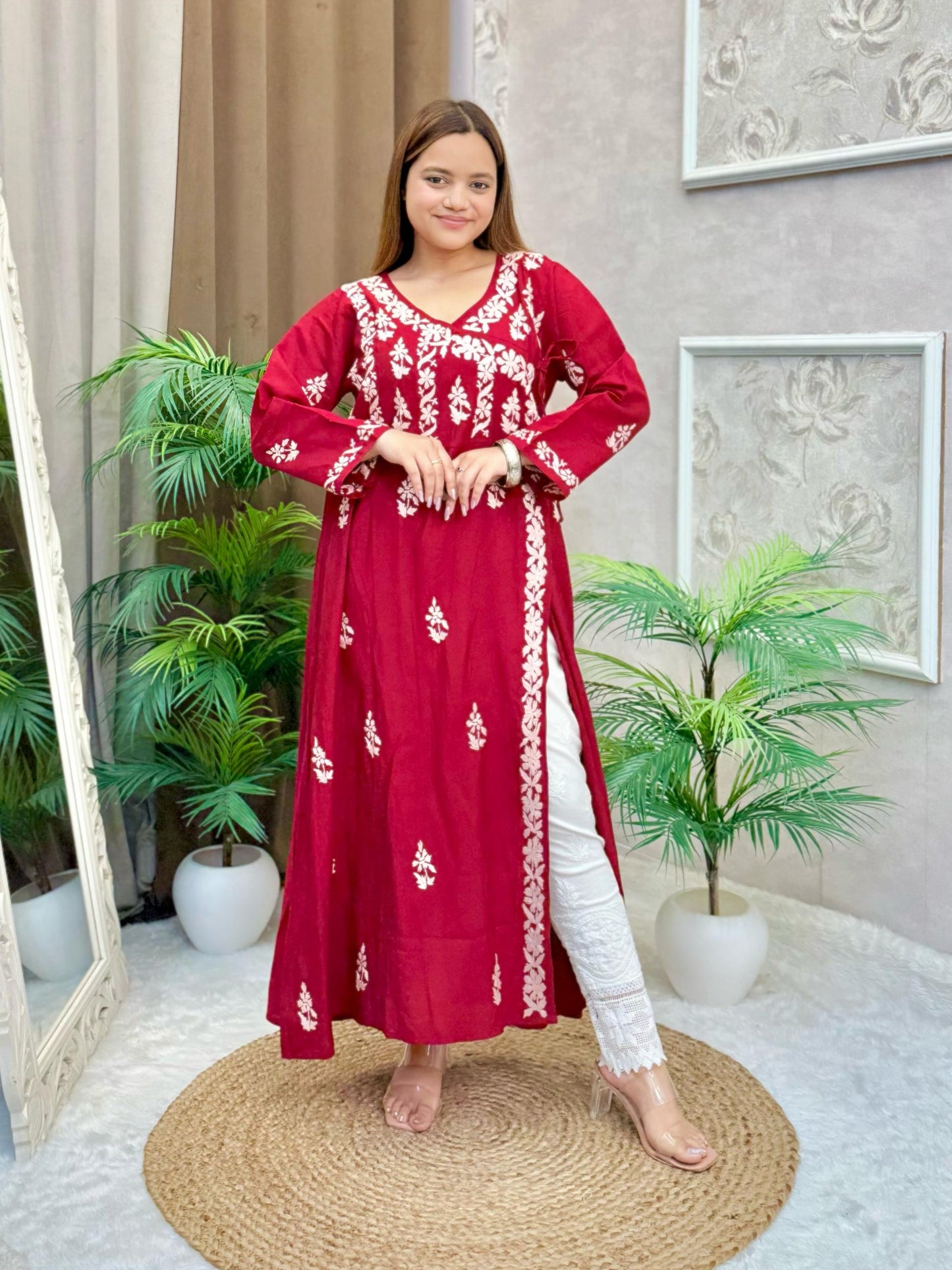 Maroon Chanderi fabric Angrakha-style kurta with white Lucknow Chikankari embroidery