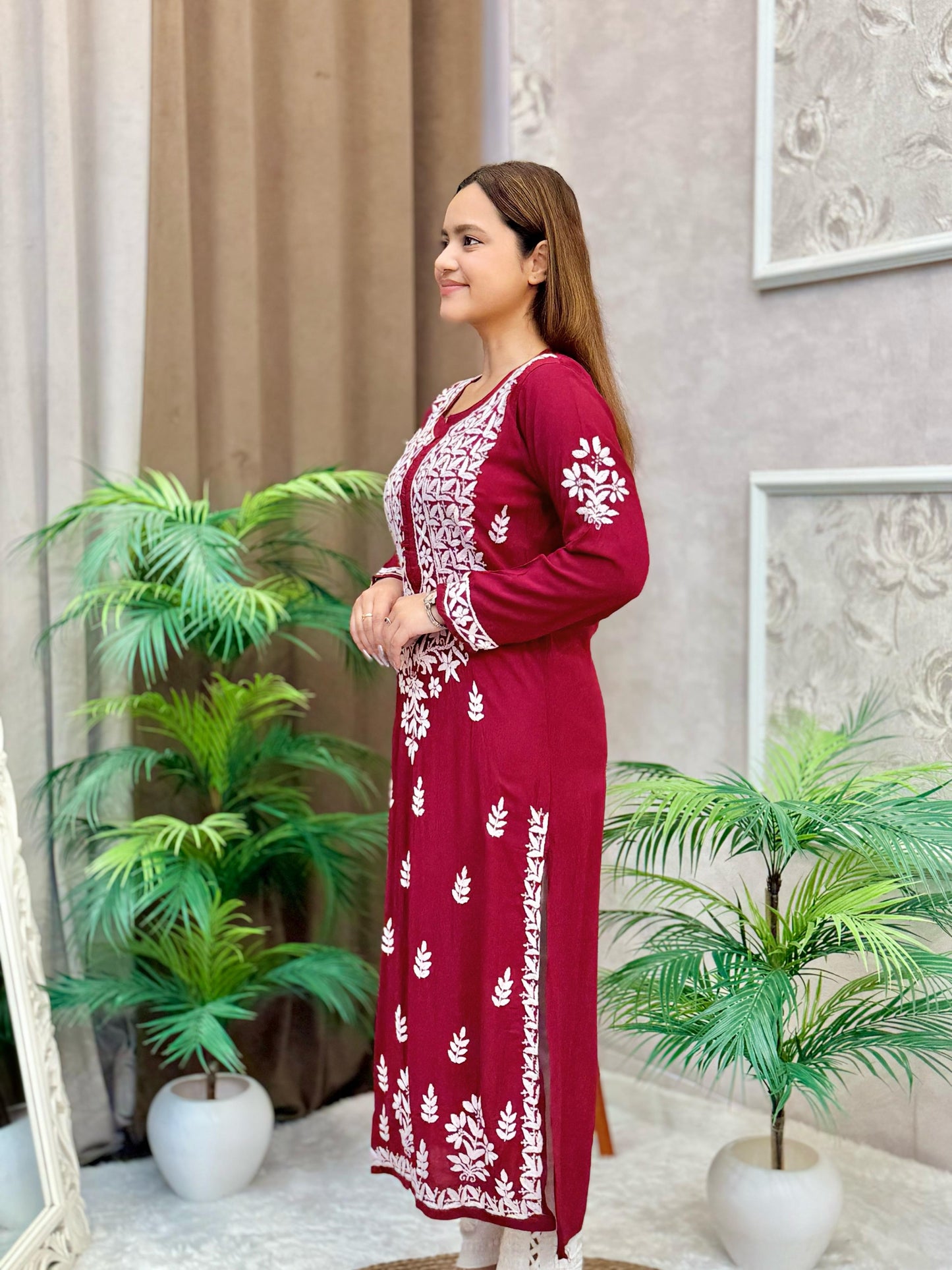 Maroon modal fabric Lucknow Chikankari kurta with white thread hand embroidery