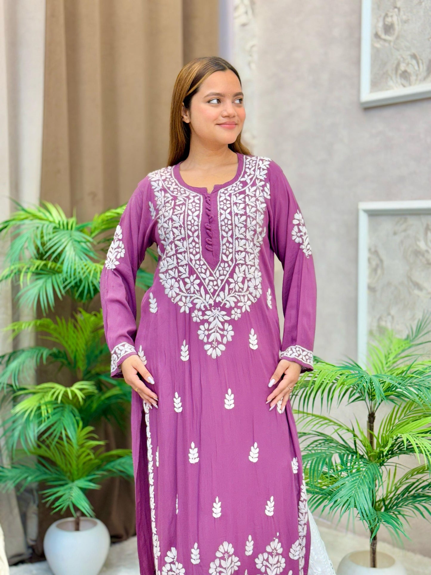 Grape modal fabric kurta with Lucknow Chikankari embroidery