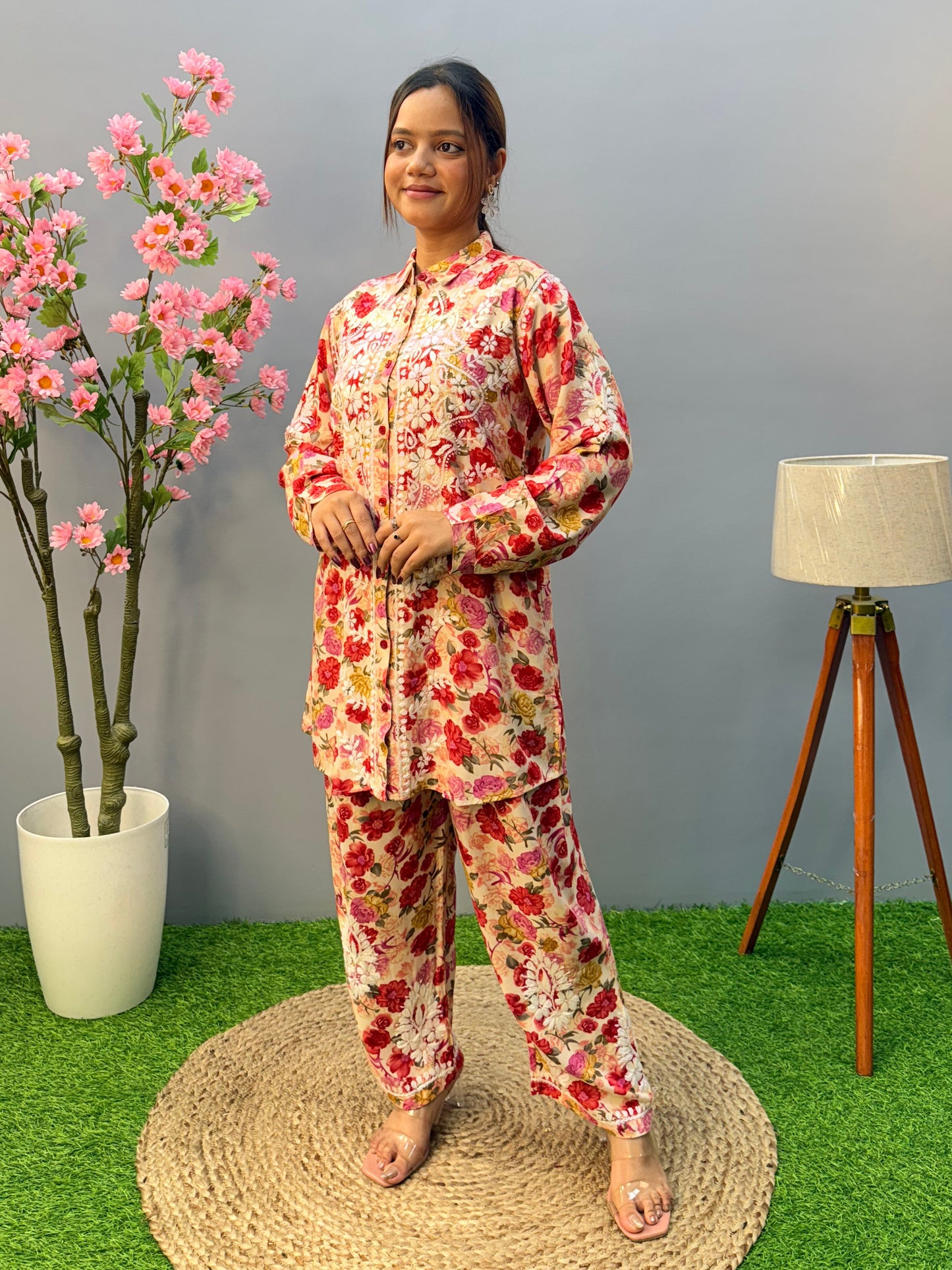 Red floral printed rayon co-ord set with Lucknow Chikankari embroidery