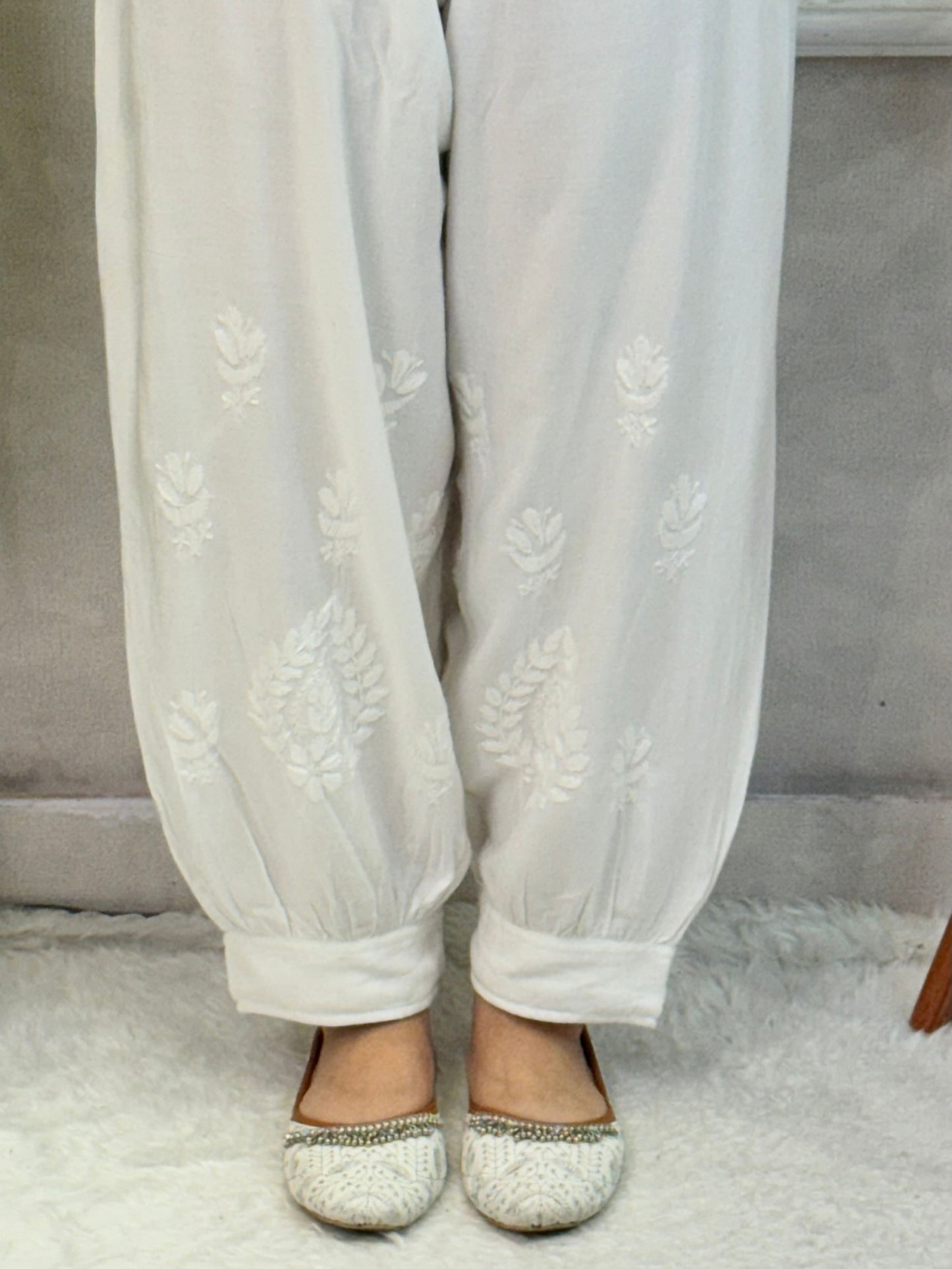 White dyable rayon chikankari kurta and Afghani pant set with hand embroidery