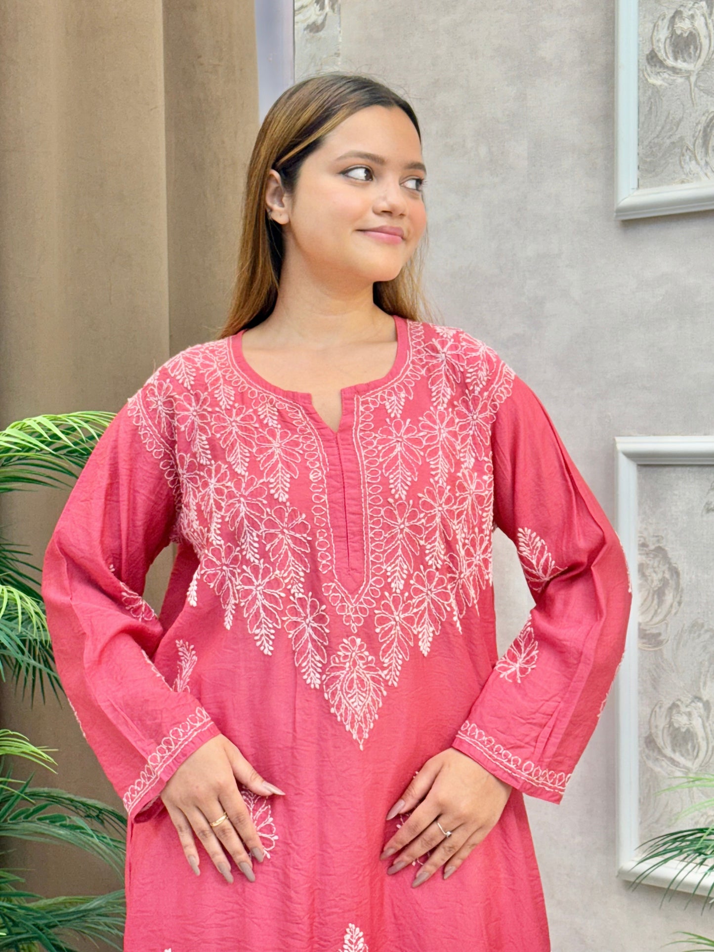 Rani pink chanderi Lucknow Chikankari kurta with bakhiya hand embroidery