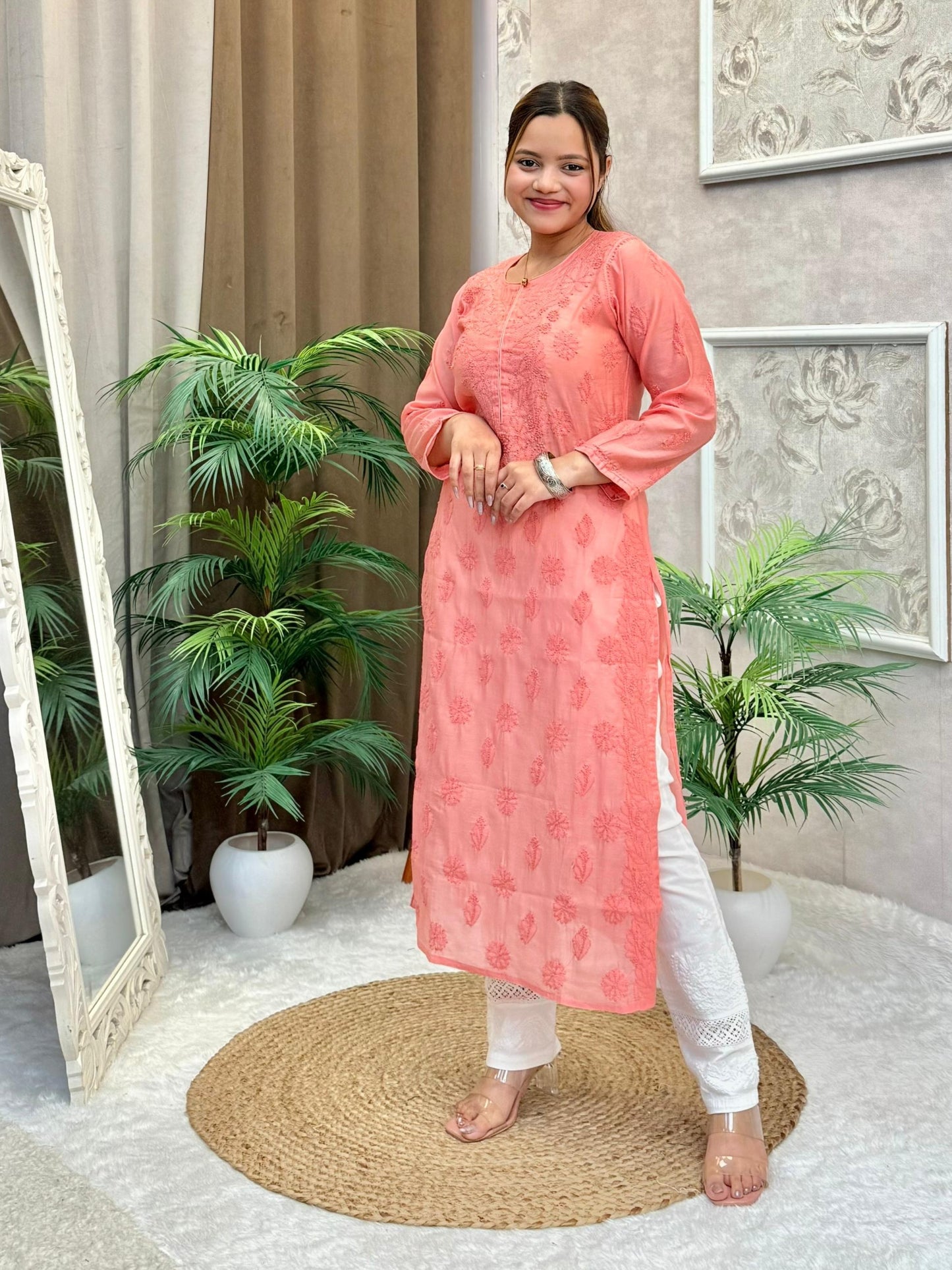 Peach Chanderi Lucknow Chikankari kurta with intricate bakhia hand embroidery