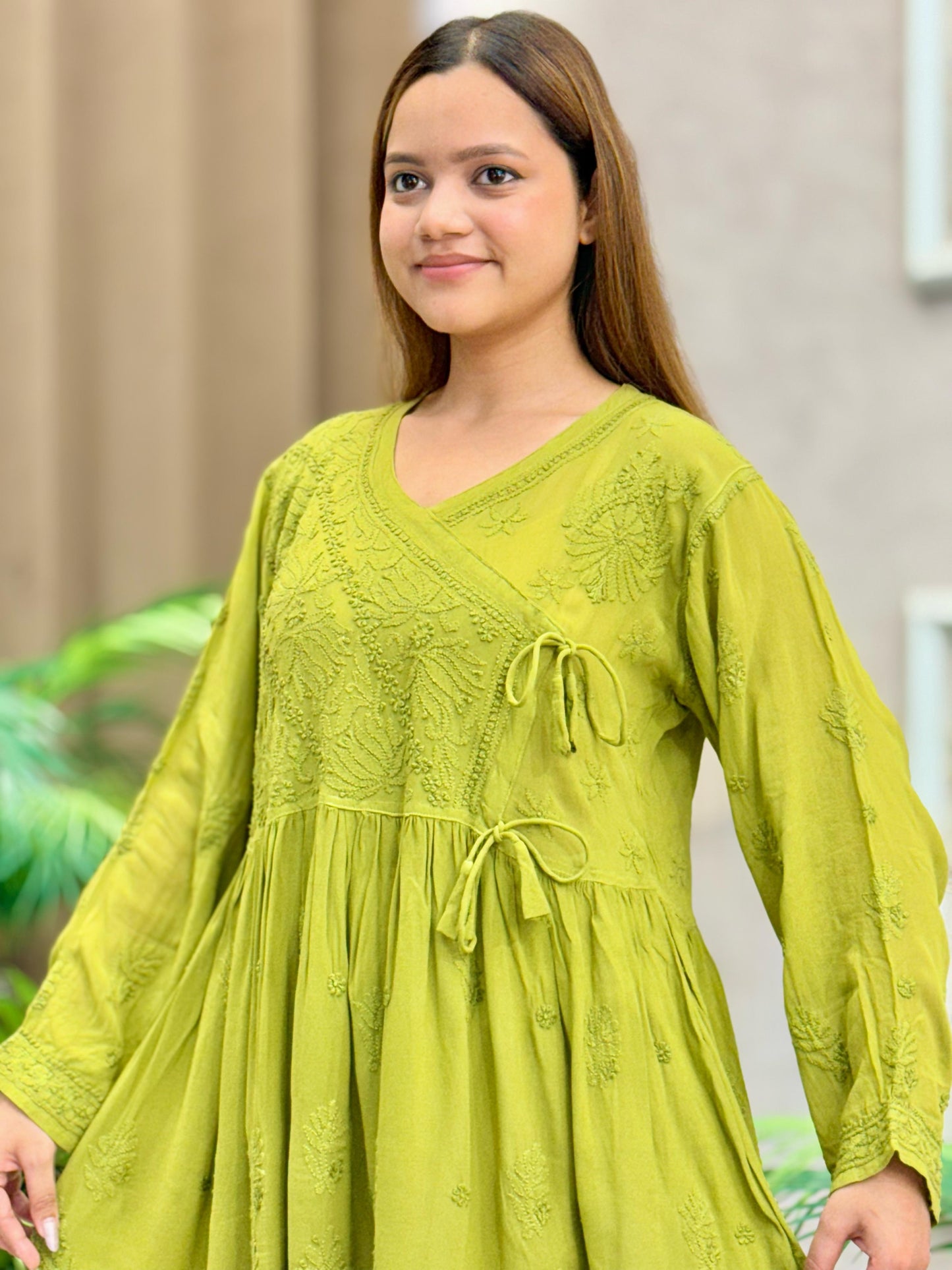 Olive green viscose short flared angrakha kurta with Lucknow chikankari embroidery