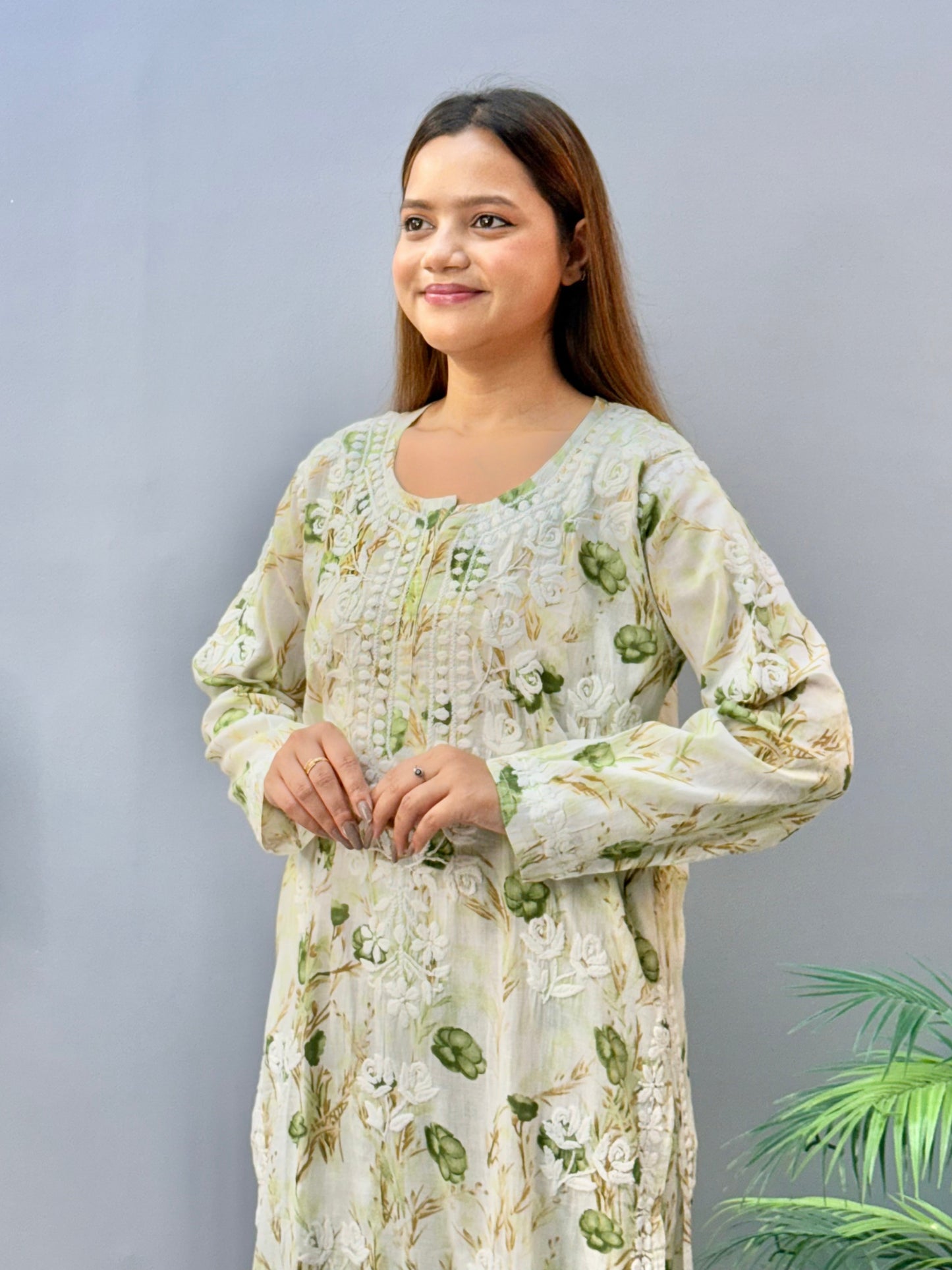 Beige floral printed mulmul Lucknow Chikankari kurta and palazzo set with 3D hand embroidery
