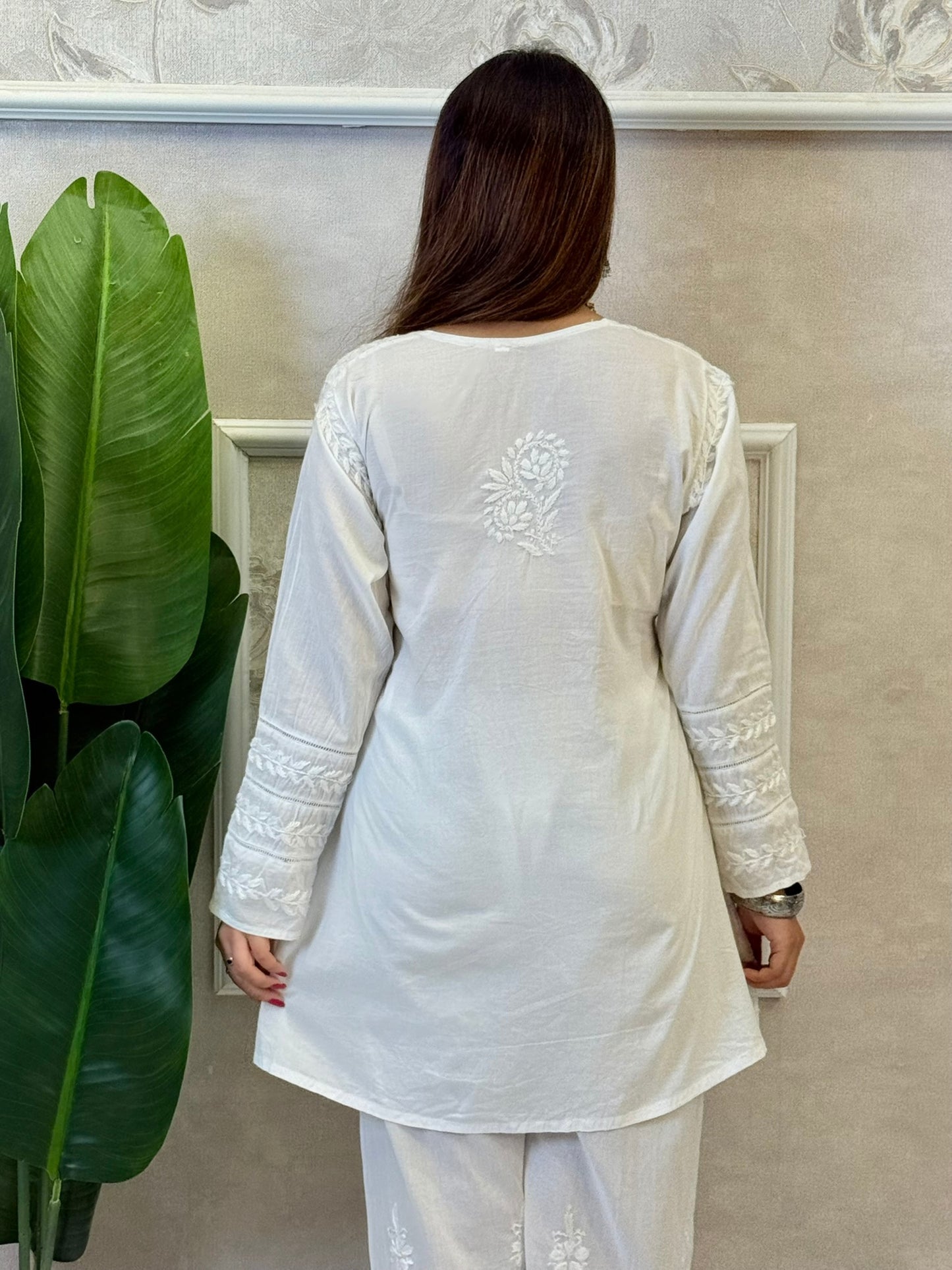 White Lucknow Chikankari cotton kurta and pant set with hand embroidery, soft and premium quality