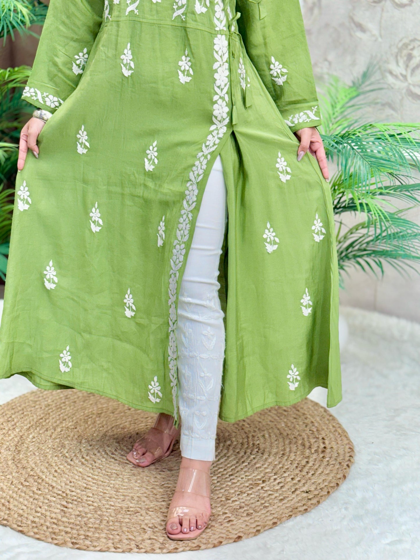 Olive green Chanderi angrakha kurta with white hand embroidery