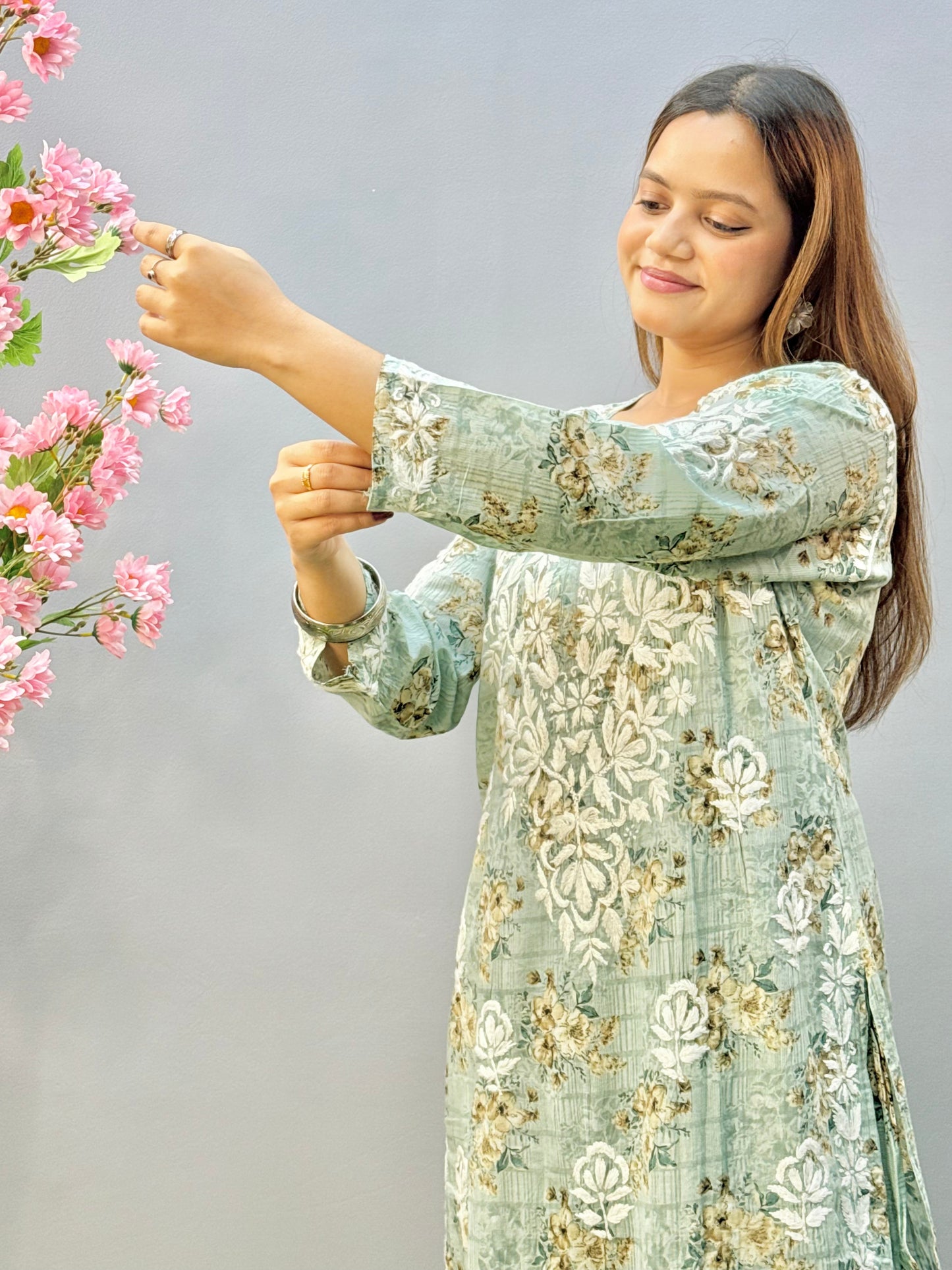 Mint green floral mulmul chikankari kurta and palazzo set with lace detailing
