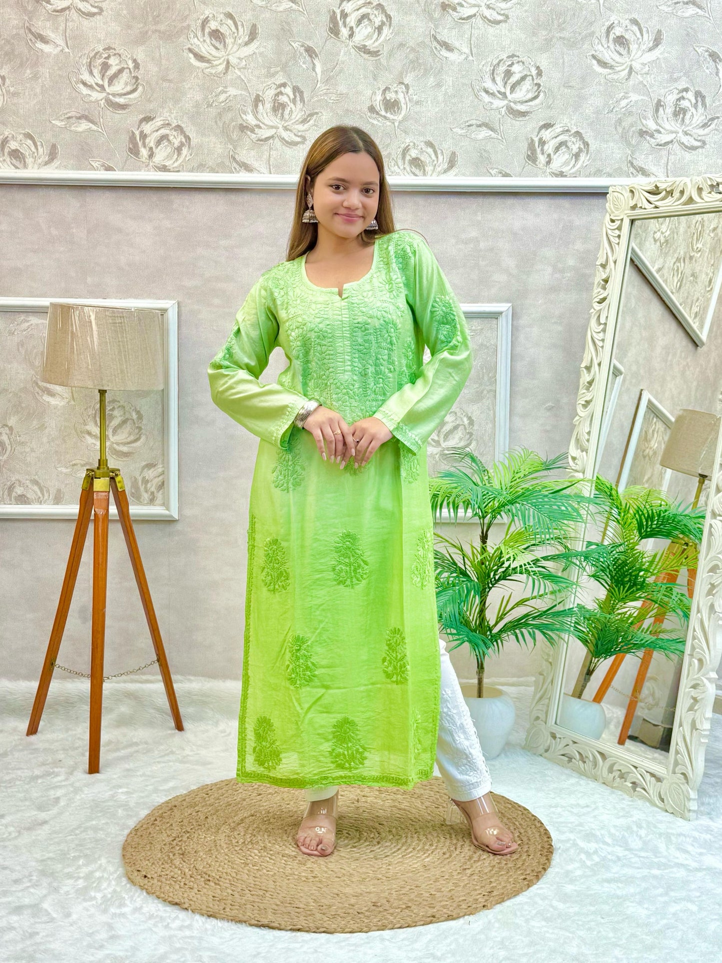 Lime green chanderi Lucknow Chikankari kurta with tonal hand embroidery