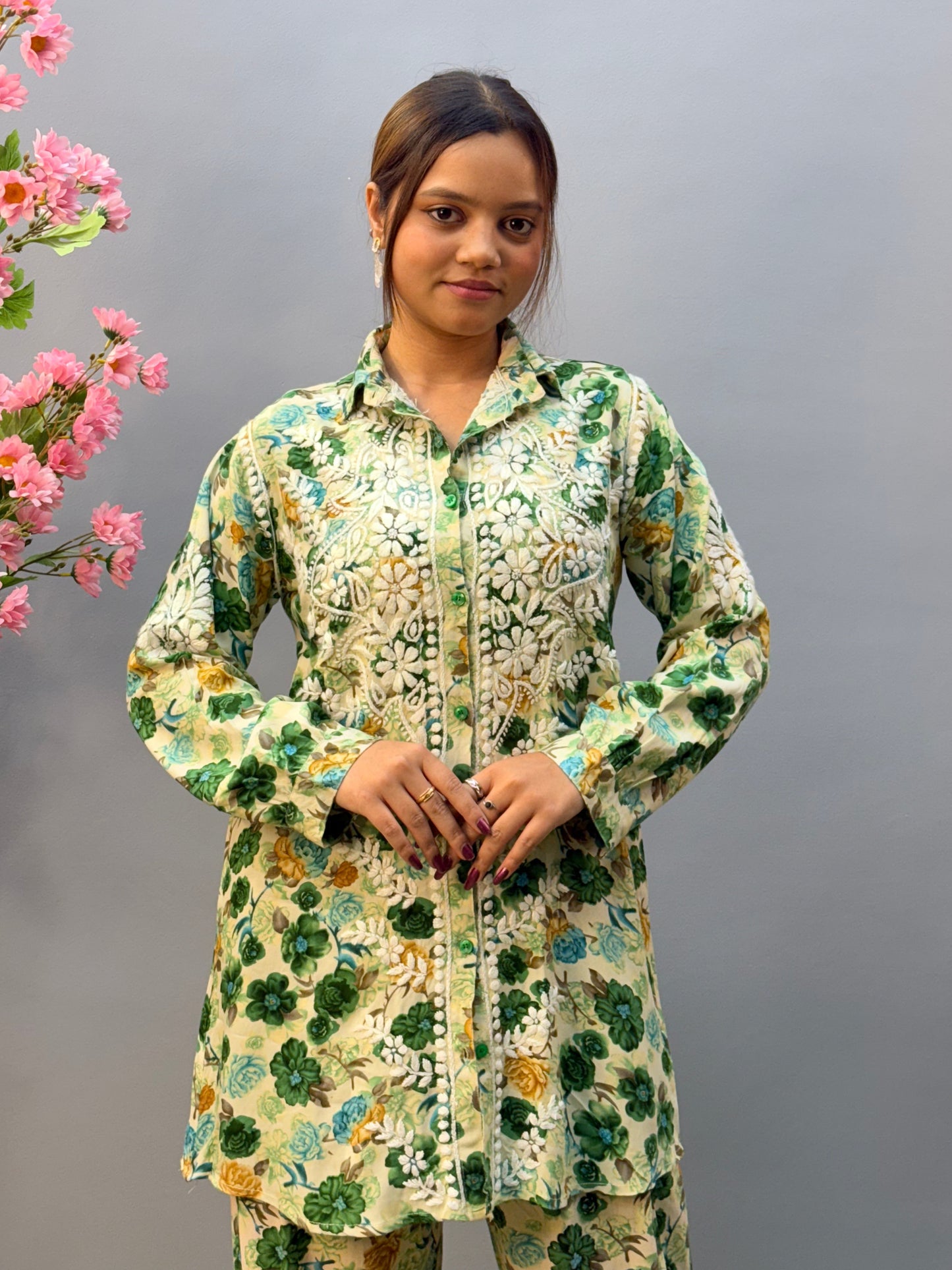 Green floral printed rayon co-ord set with white Lucknow Chikankari embroidery