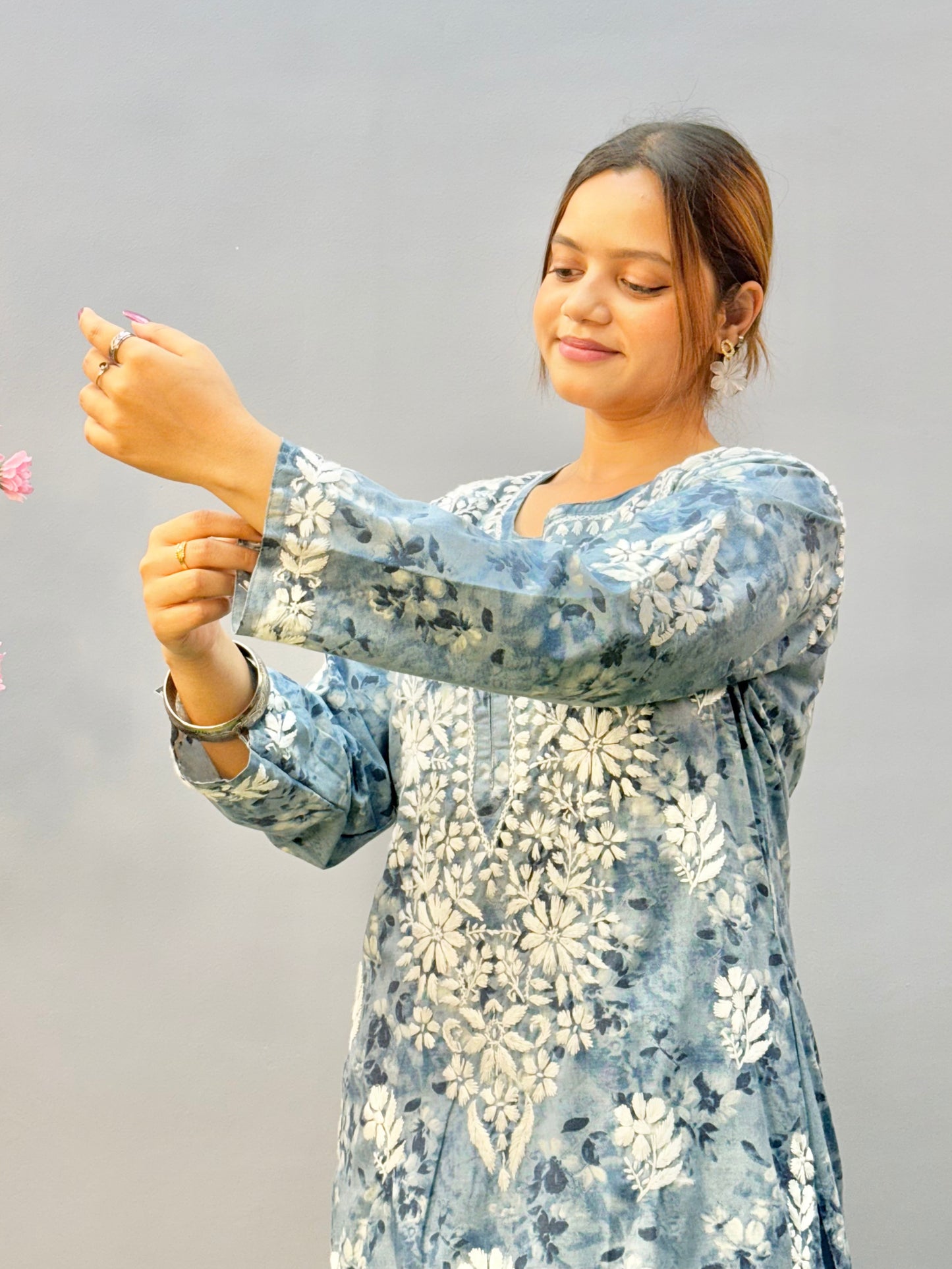 Dusty blue printed Lucknow chikankari kurta and palazzo set in soft mulmul fabric