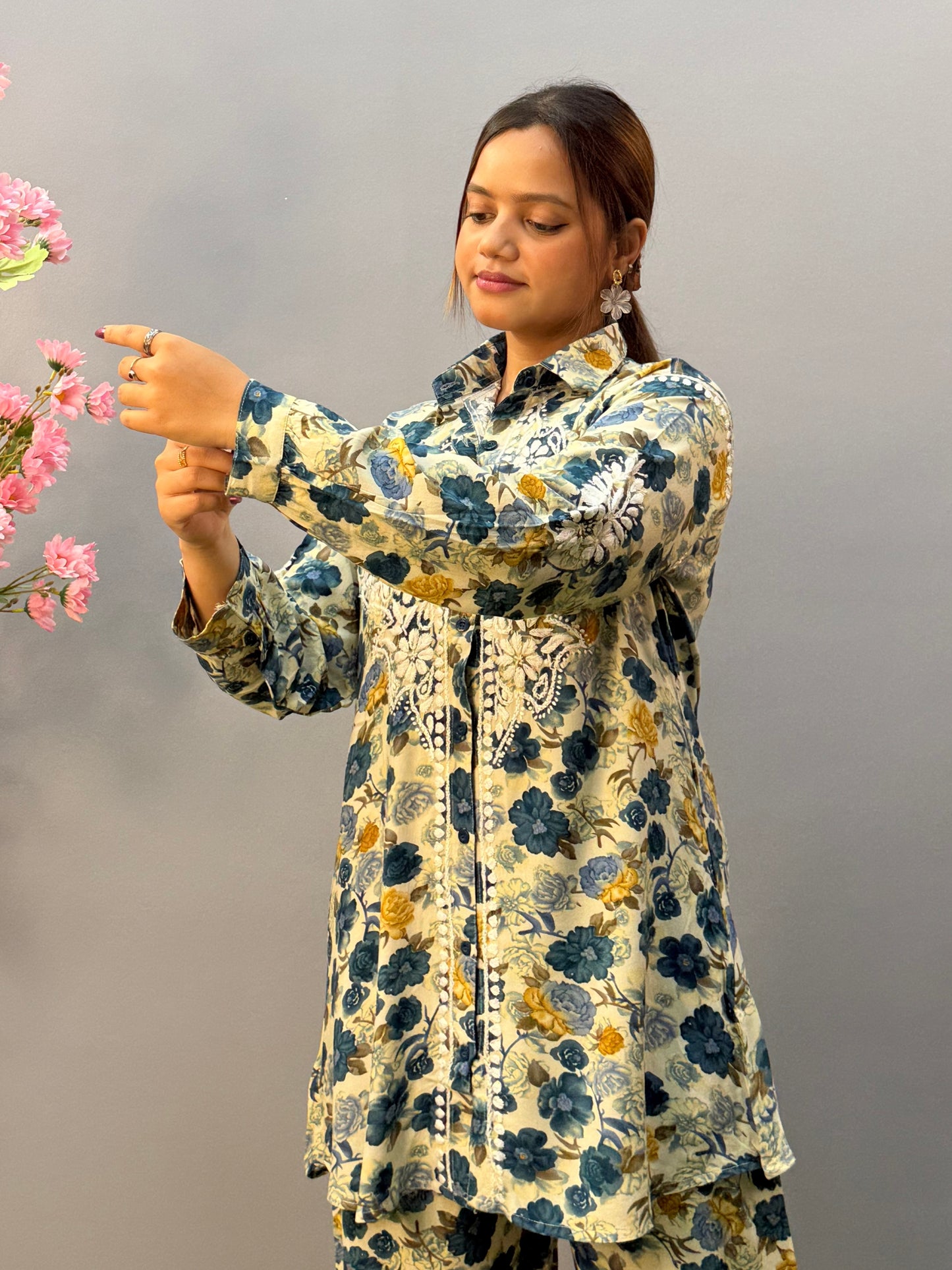 Blue and yellow floral printed rayon co-ord set with Lucknow Chikankari embroidery