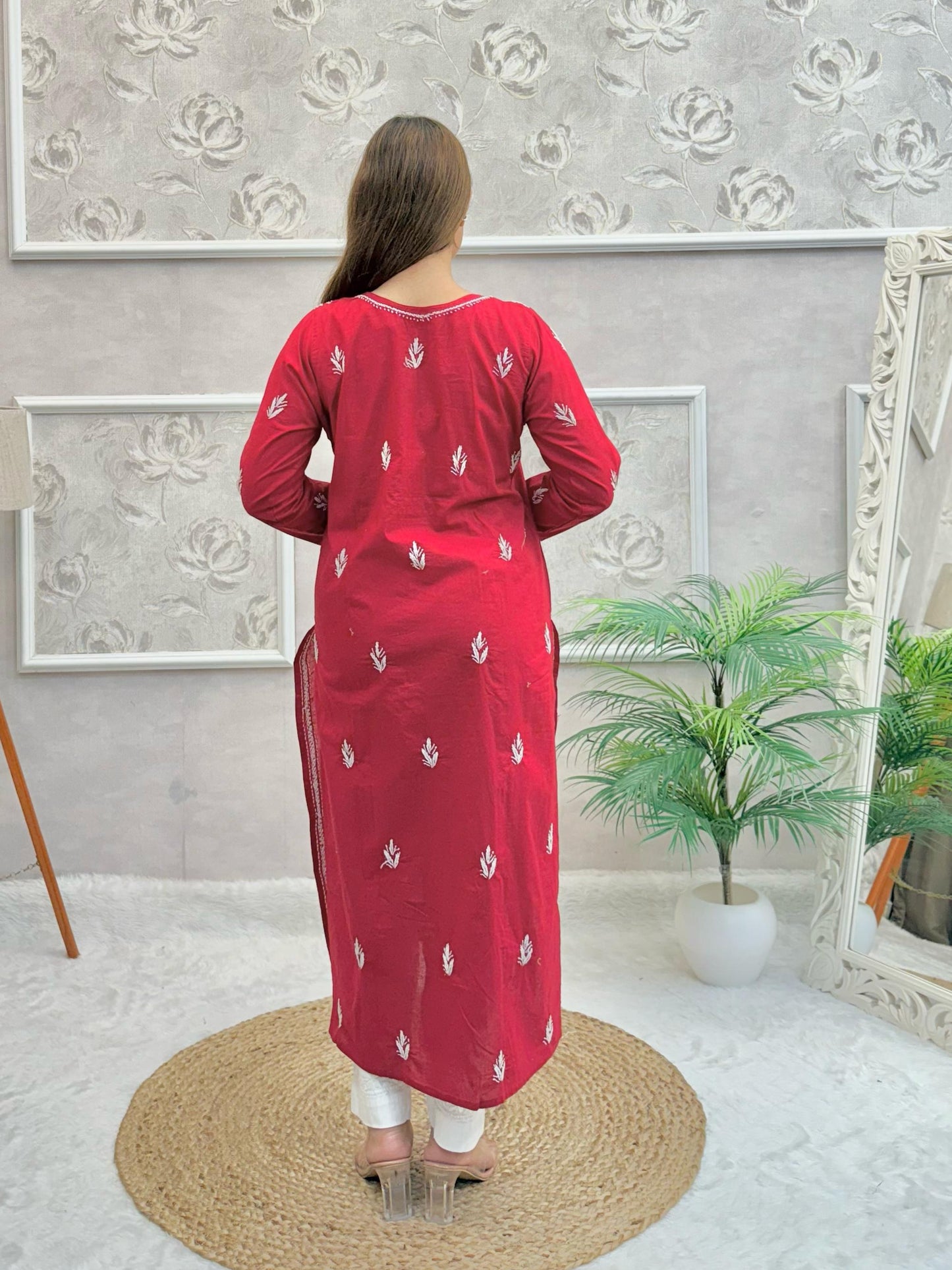 Maroon cotton Lucknow Chikankari kurta with white hand embroidery