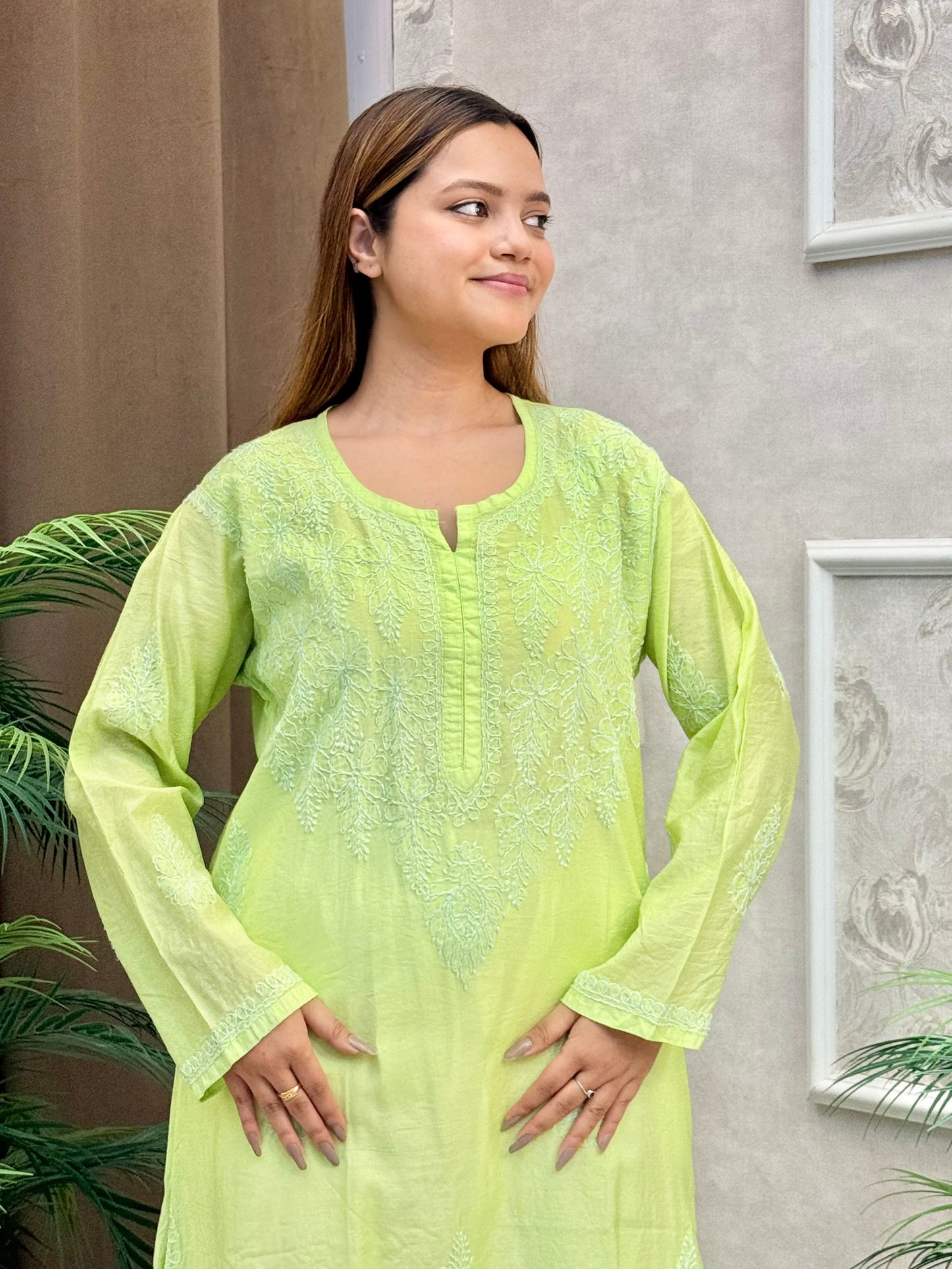 Lemon yellow chanderi Lucknow Chikankari kurta