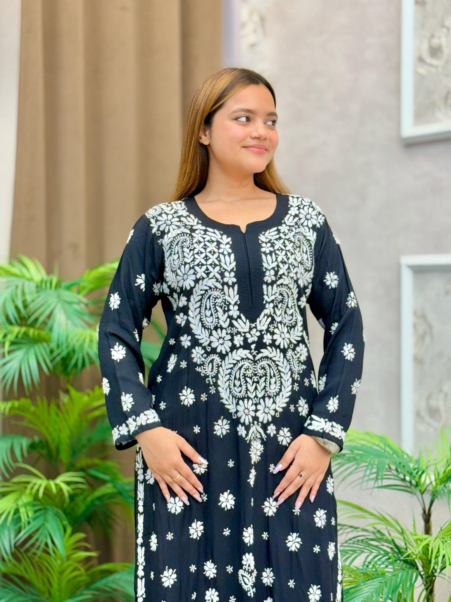 Black modal kurta with white Lucknow Chikankari embroidery