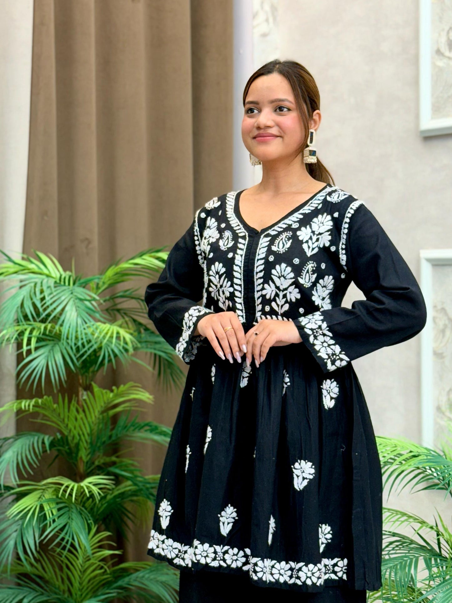 Black cotton Lucknow Chikankari kurta and palazzo set with white embroidery