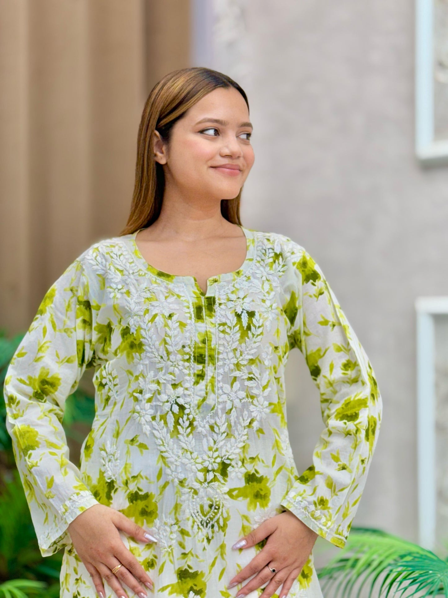 Lime green floral printed mulmul kurta with Lucknow chikankari embroidery